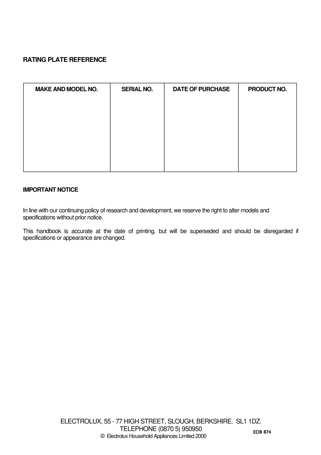Electrolux EDB 874 manual Rating Plate Reference 