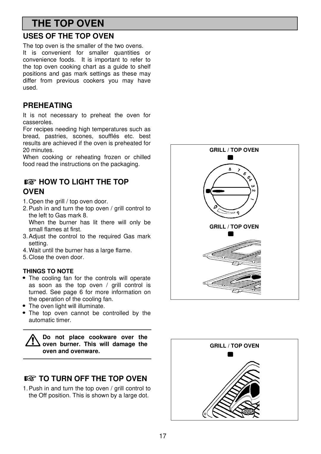 Electrolux EDB 876 manual Uses of the TOP Oven, Preheating, HOW to Light the TOP Oven, To Turn OFF the TOP Oven 