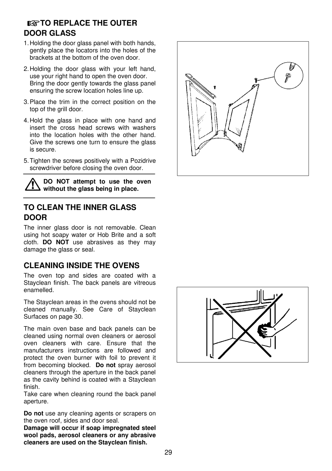 Electrolux EDB 876 manual To Replace the Outer Door Glass, To Clean the Inner Glass Door, Cleaning Inside the Ovens 