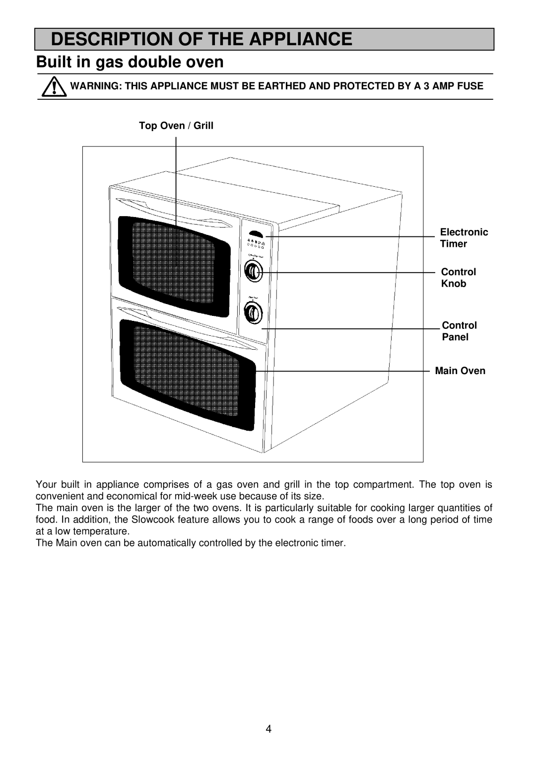 Electrolux EDB 876 manual Description of the Appliance, Built in gas double oven 