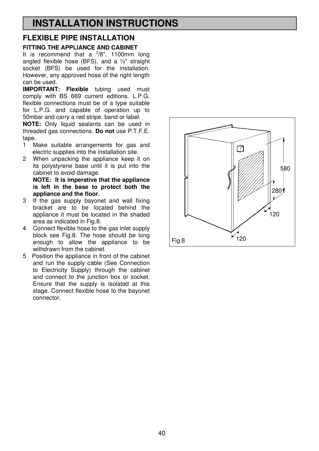 Electrolux EDB 876 manual Flexible Pipe Installation, Fitting the Appliance and Cabinet 