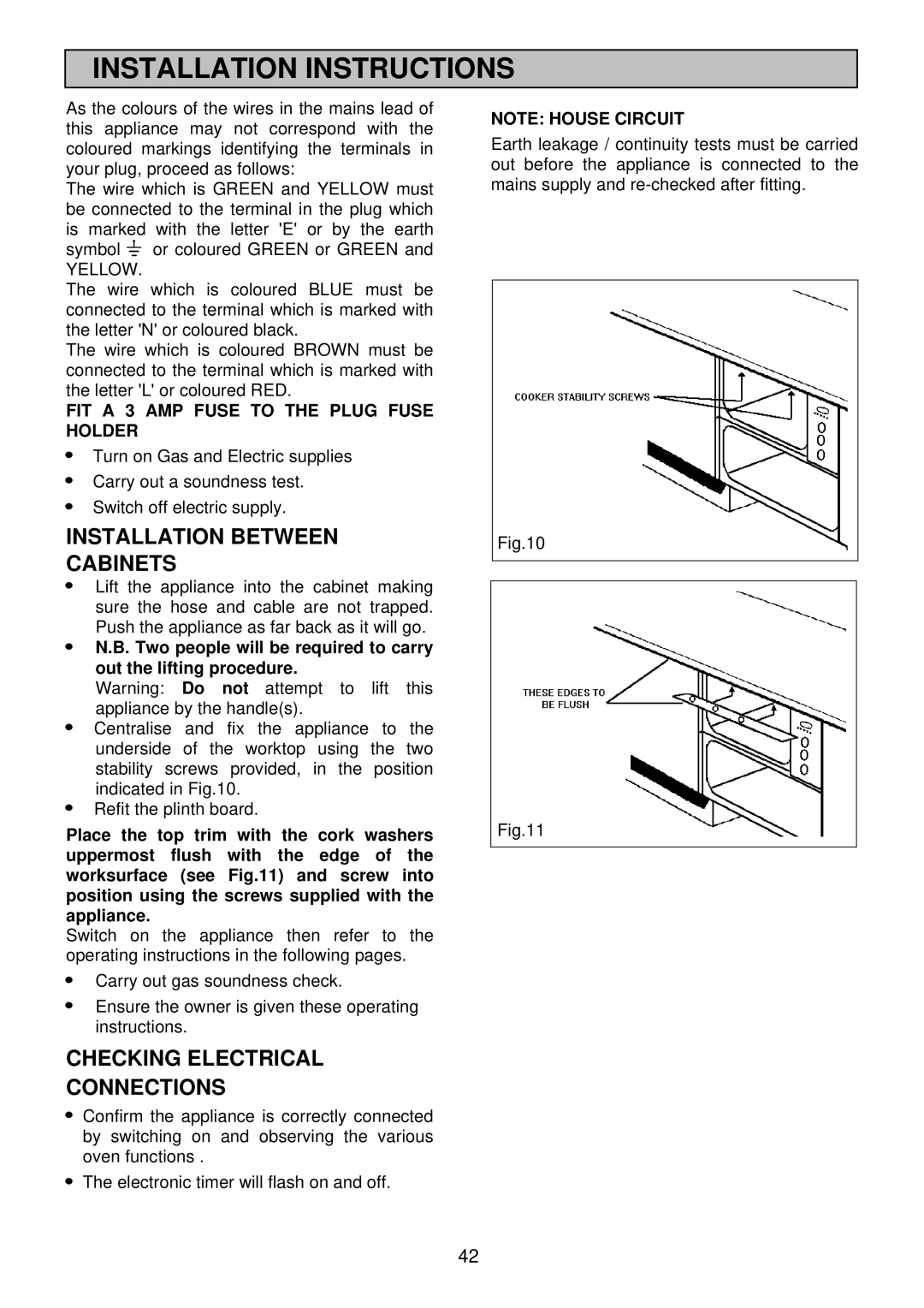 Electrolux EDB 876 manual Installation Between Cabinets, Checking Electrical Connections 