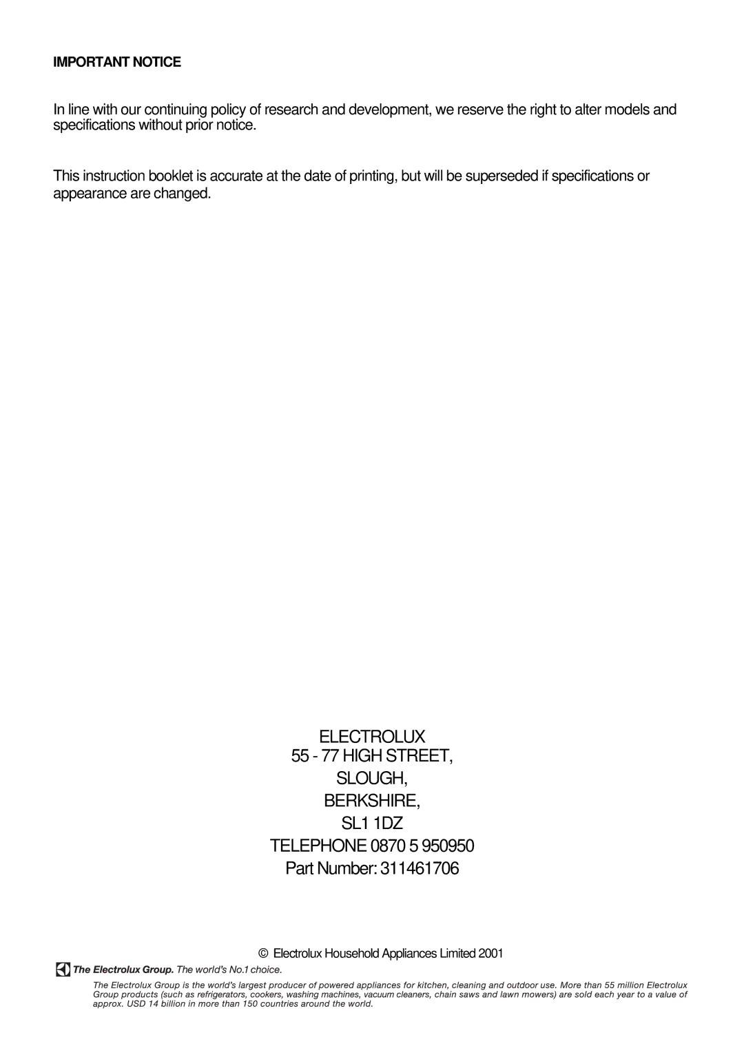 Electrolux EDB 876 manual Important Notice 