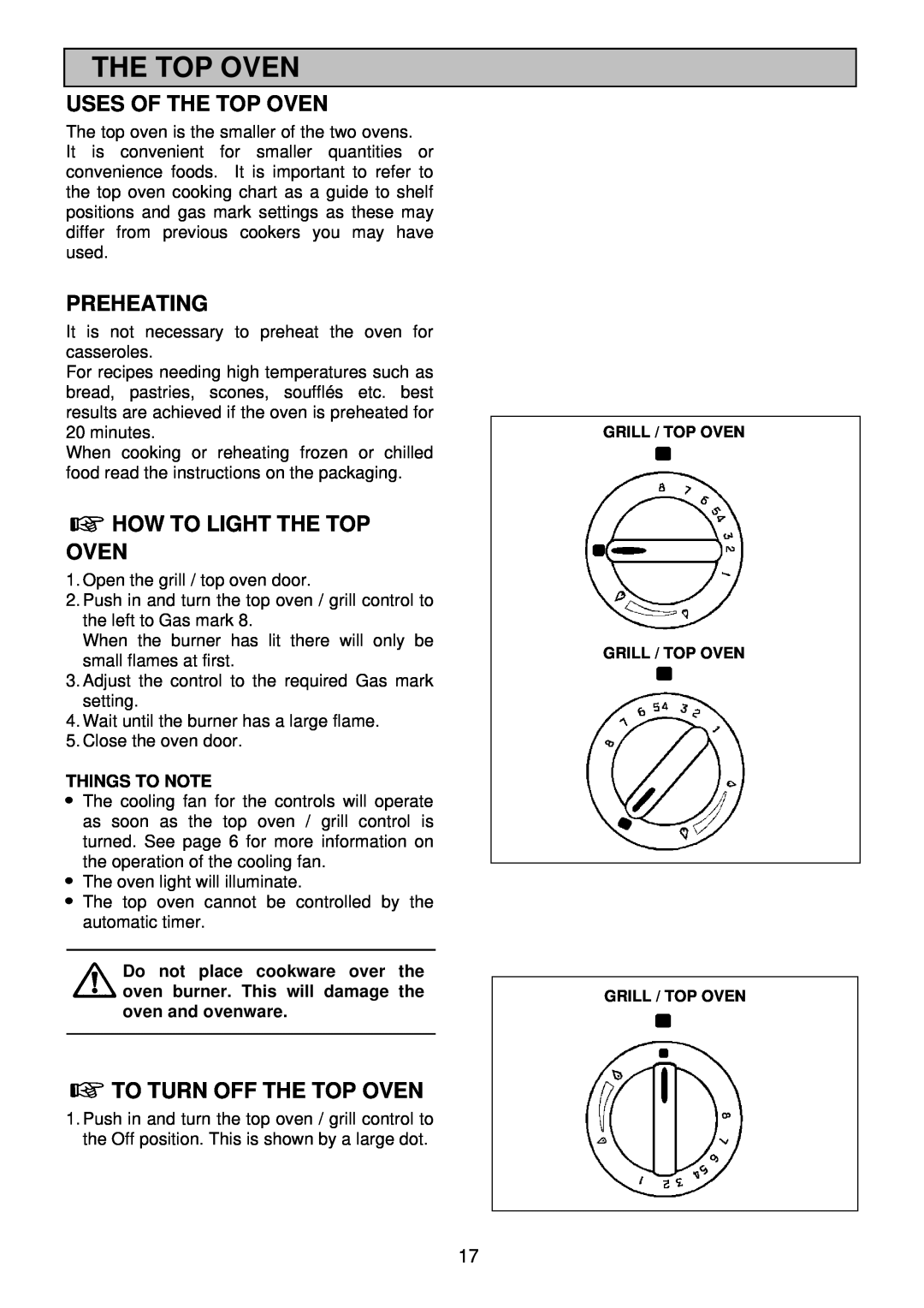 Electrolux EDB 876 manual Uses Of The Top Oven, Preheating, How To Light The Top Oven, To Turn Off The Top Oven 