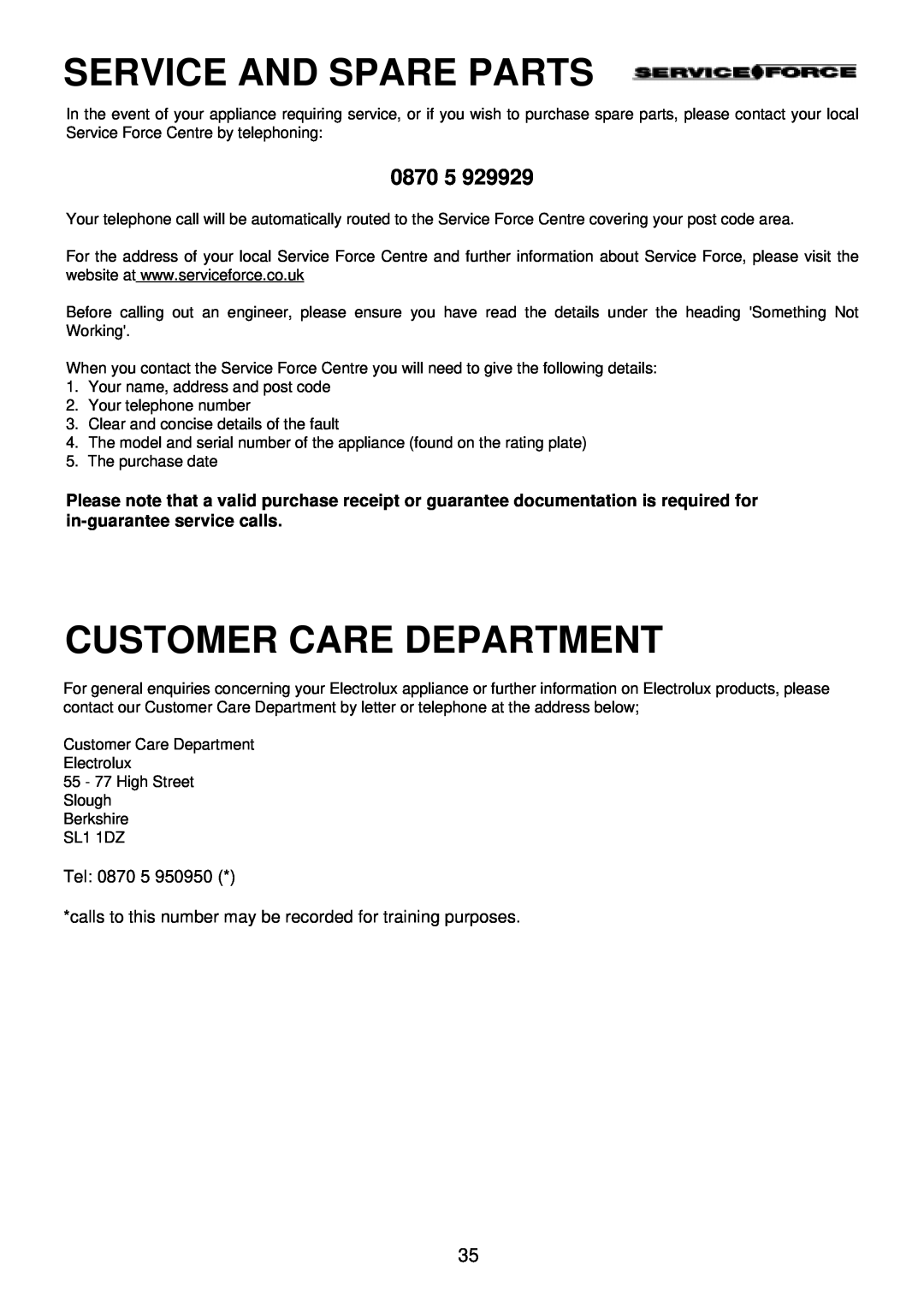 Electrolux EDB 876 manual 0870 5, Service And Spare Parts, Customer Care Department 
