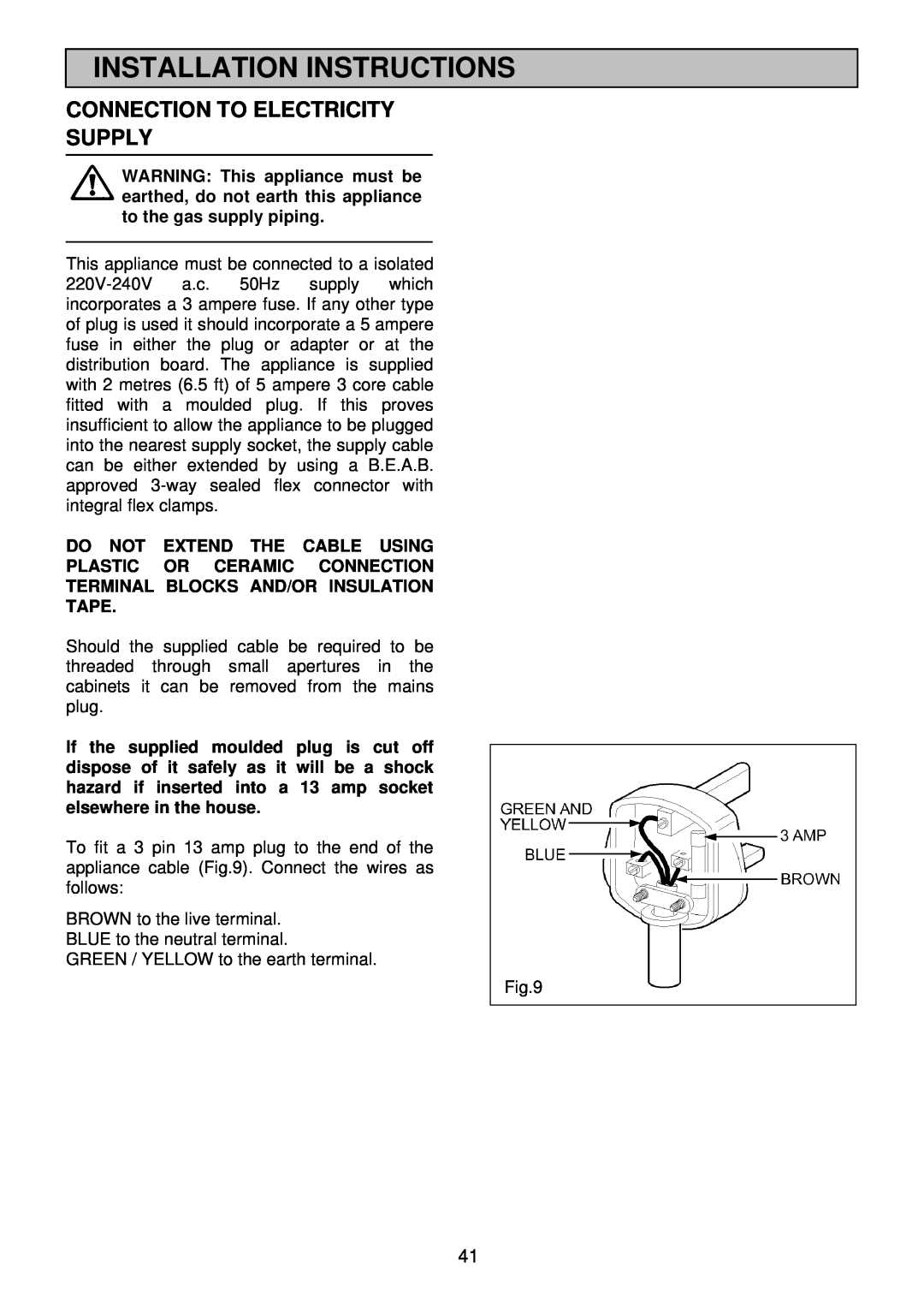 Electrolux EDB 876 manual Connection To Electricity Supply, Installation Instructions 