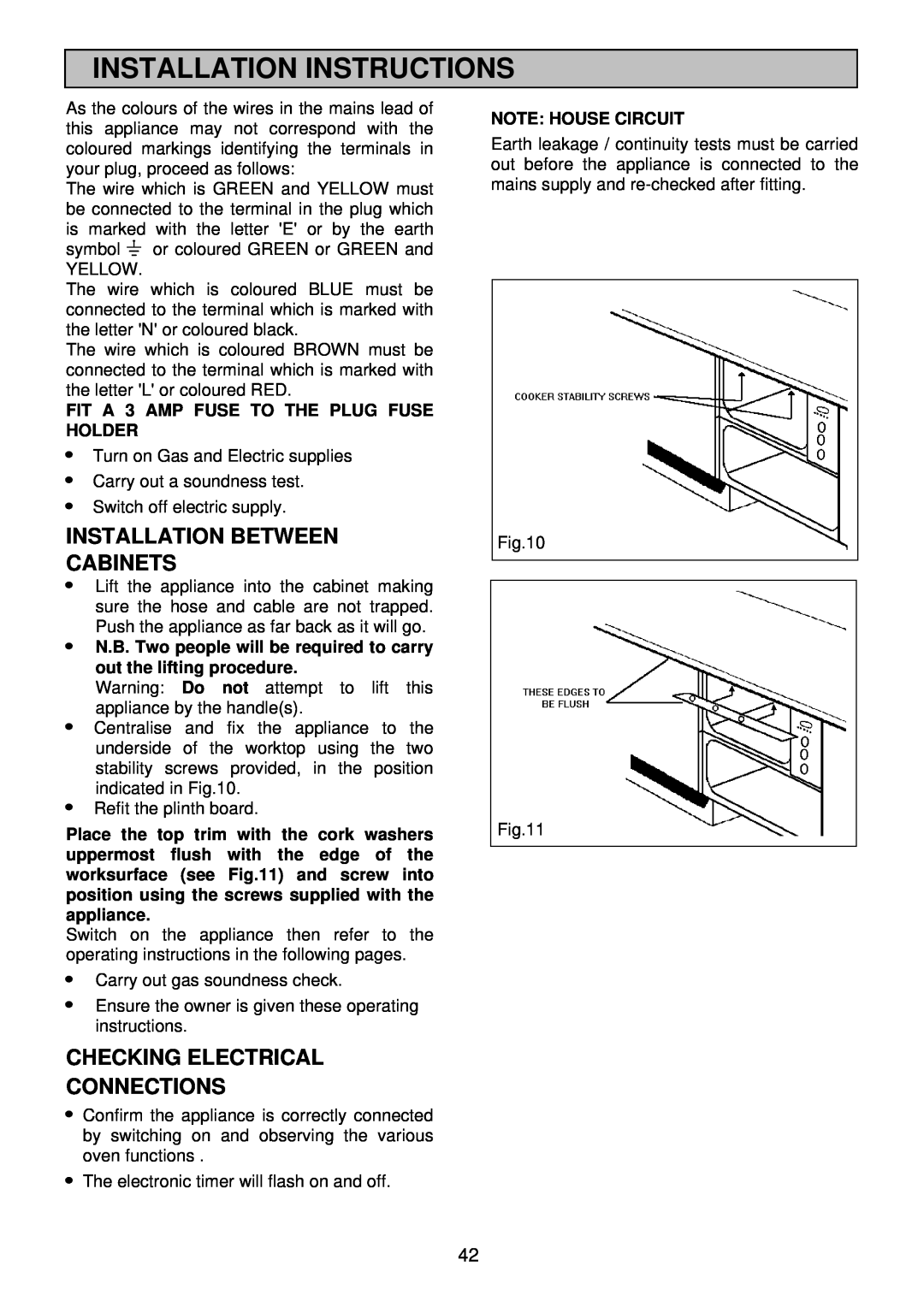 Electrolux EDB 876 manual Installation Between Cabinets, Checking Electrical Connections, Installation Instructions 