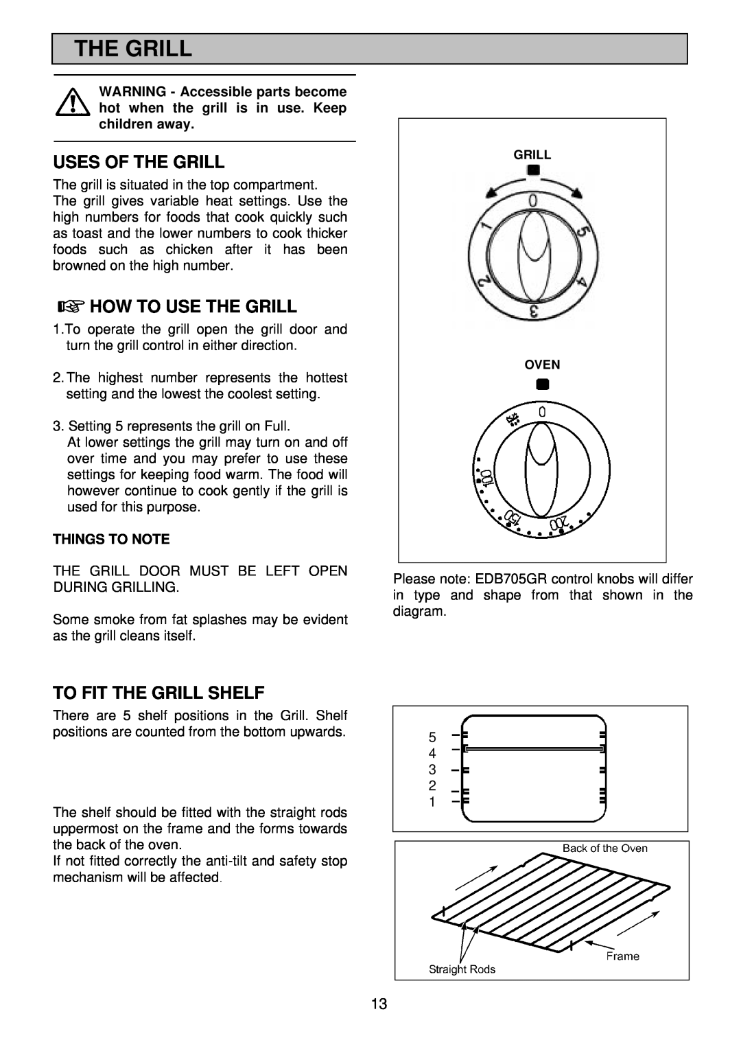 Electrolux EDB705 manual Uses Of The Grill, How To Use The Grill, To Fit The Grill Shelf, Things To Note 