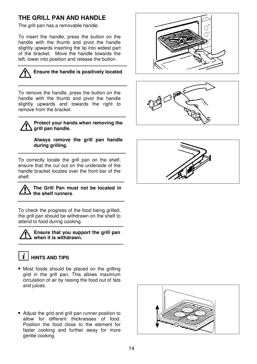 Electrolux EDB710 manual Grill PAN and Handle, Ensure the handle is positively located, Hints and Tips 