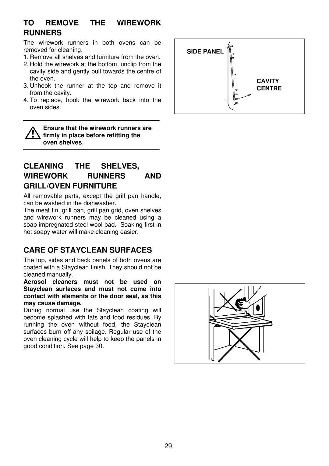 Electrolux EDB710 manual To Remove the Wirework Runners, Care of Stayclean Surfaces, Side Panel Cavity Centre 