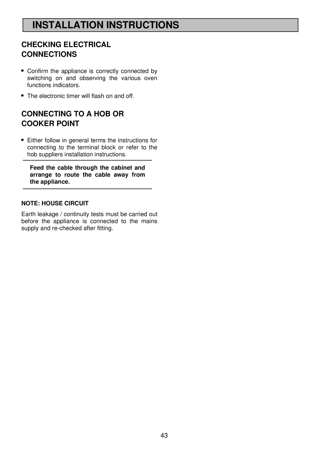 Electrolux EDB710 manual Checking Electrical Connections, Connecting to a HOB or Cooker Point 