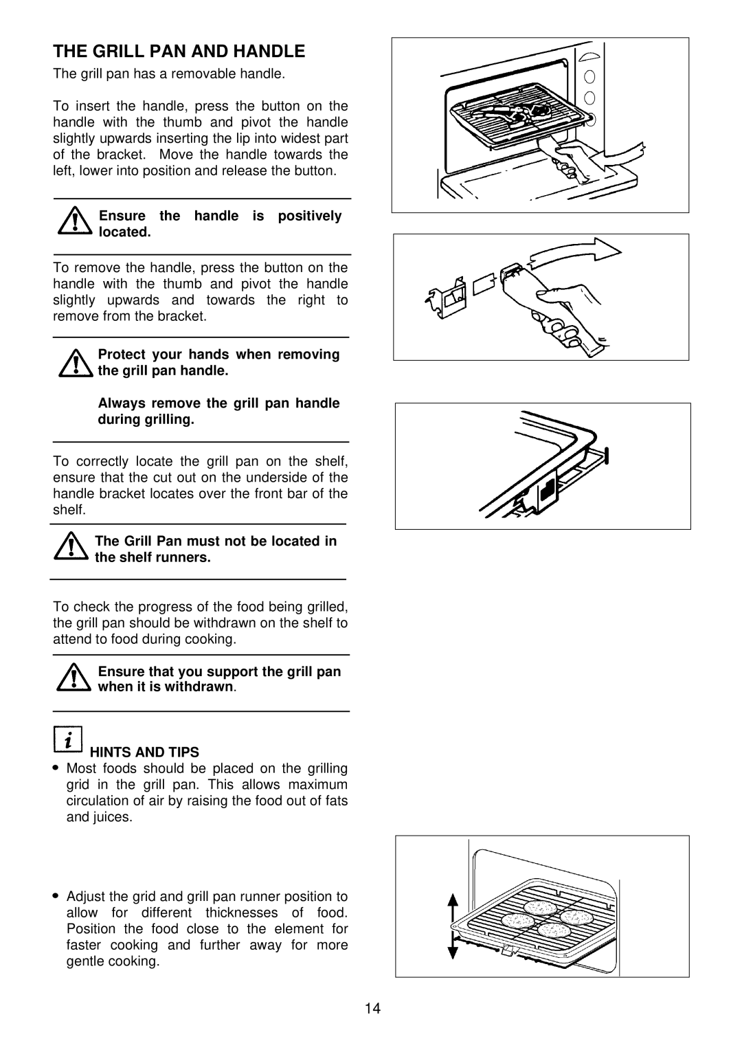 Electrolux EDB710X 33 manual Grill PAN and Handle, Ensure the handle is positively located, Hints and Tips 