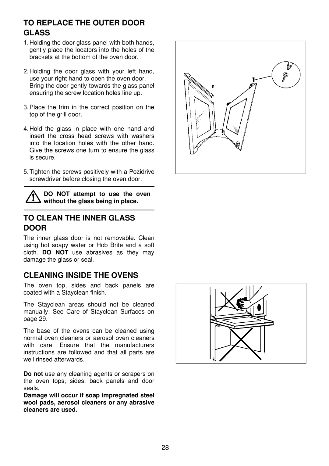 Electrolux EDB710X 33 manual To Replace the Outer Door Glass, To Clean the Inner Glass Door, Cleaning Inside the Ovens 