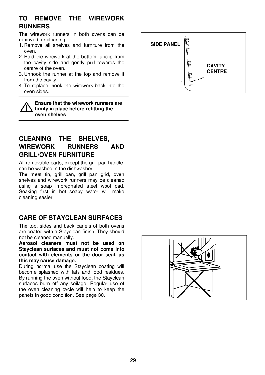 Electrolux EDB710X 33 manual To Remove the Wirework Runners, Care of Stayclean Surfaces, Side Panel Cavity Centre 