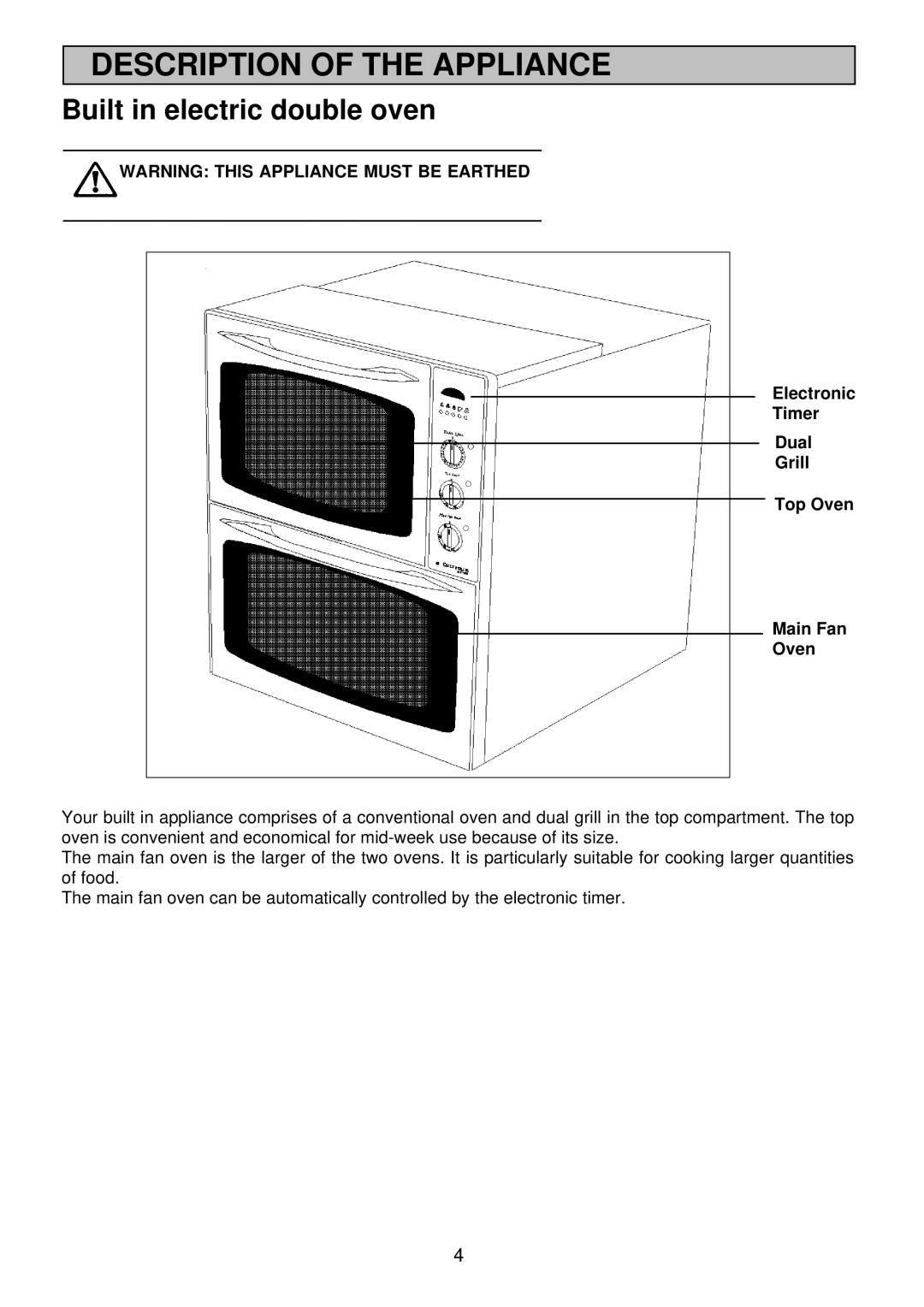 Electrolux EDB710X 33 manual Description of the Appliance, Electronic Timer Dual Grill Top Oven Main Fan 