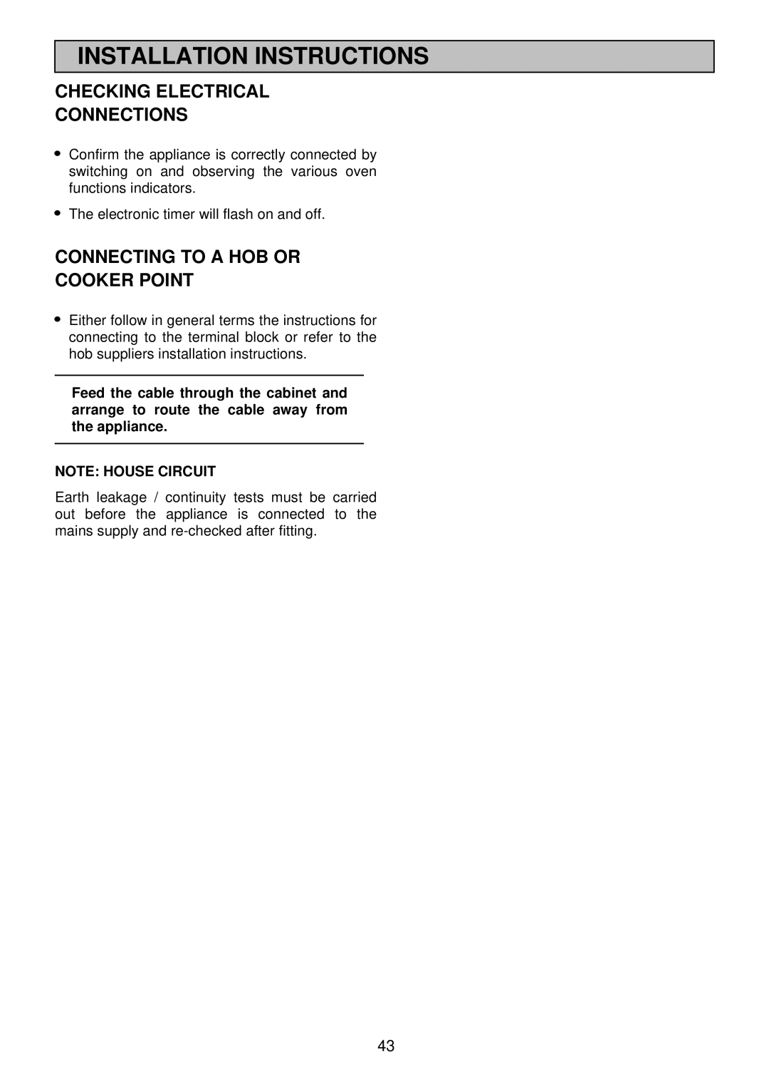 Electrolux EDB710X 33 manual Checking Electrical Connections, Connecting to a HOB or Cooker Point 