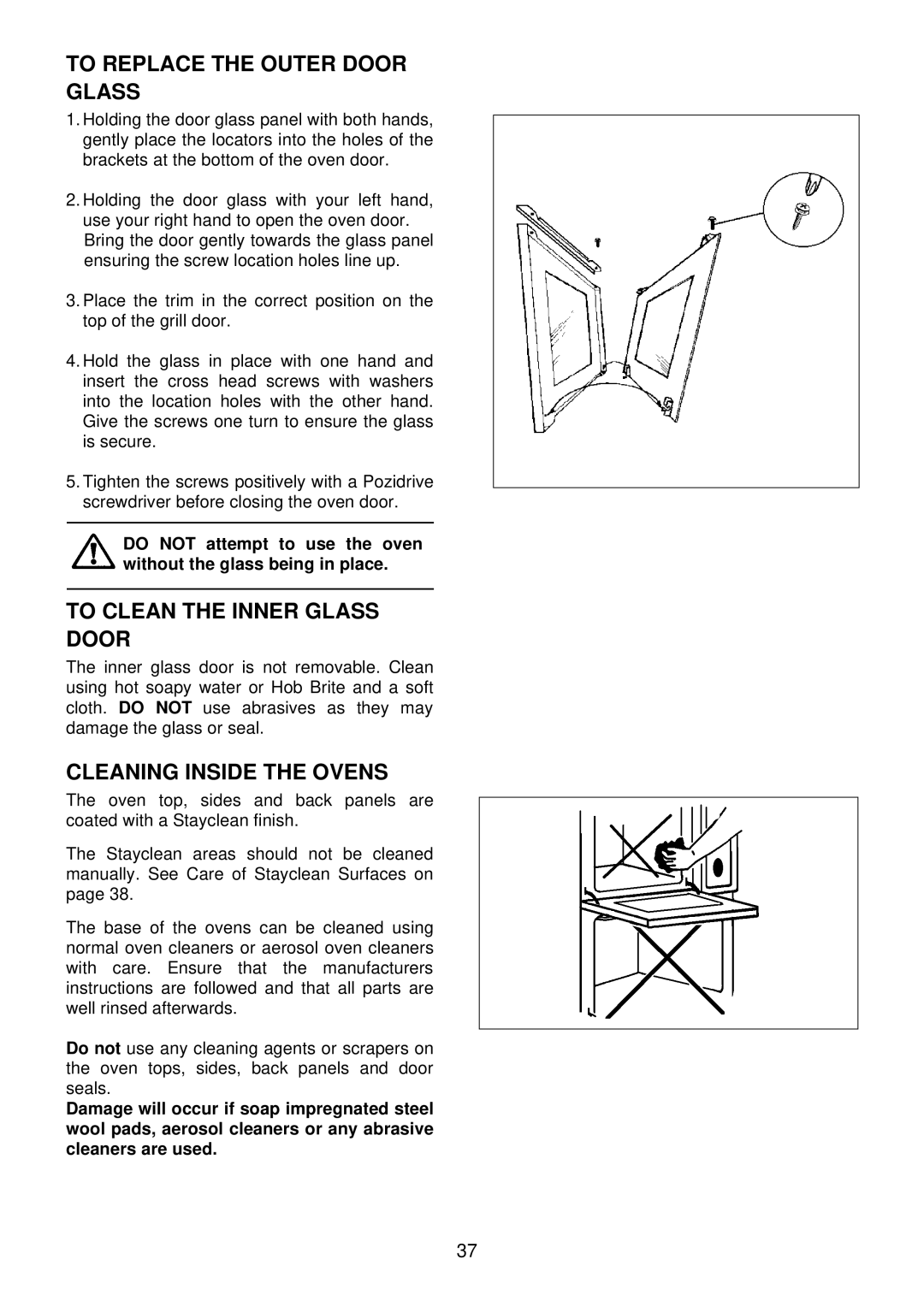 Electrolux edb750 manual To Replace the Outer Door Glass, To Clean the Inner Glass Door, Cleaning Inside the Ovens 