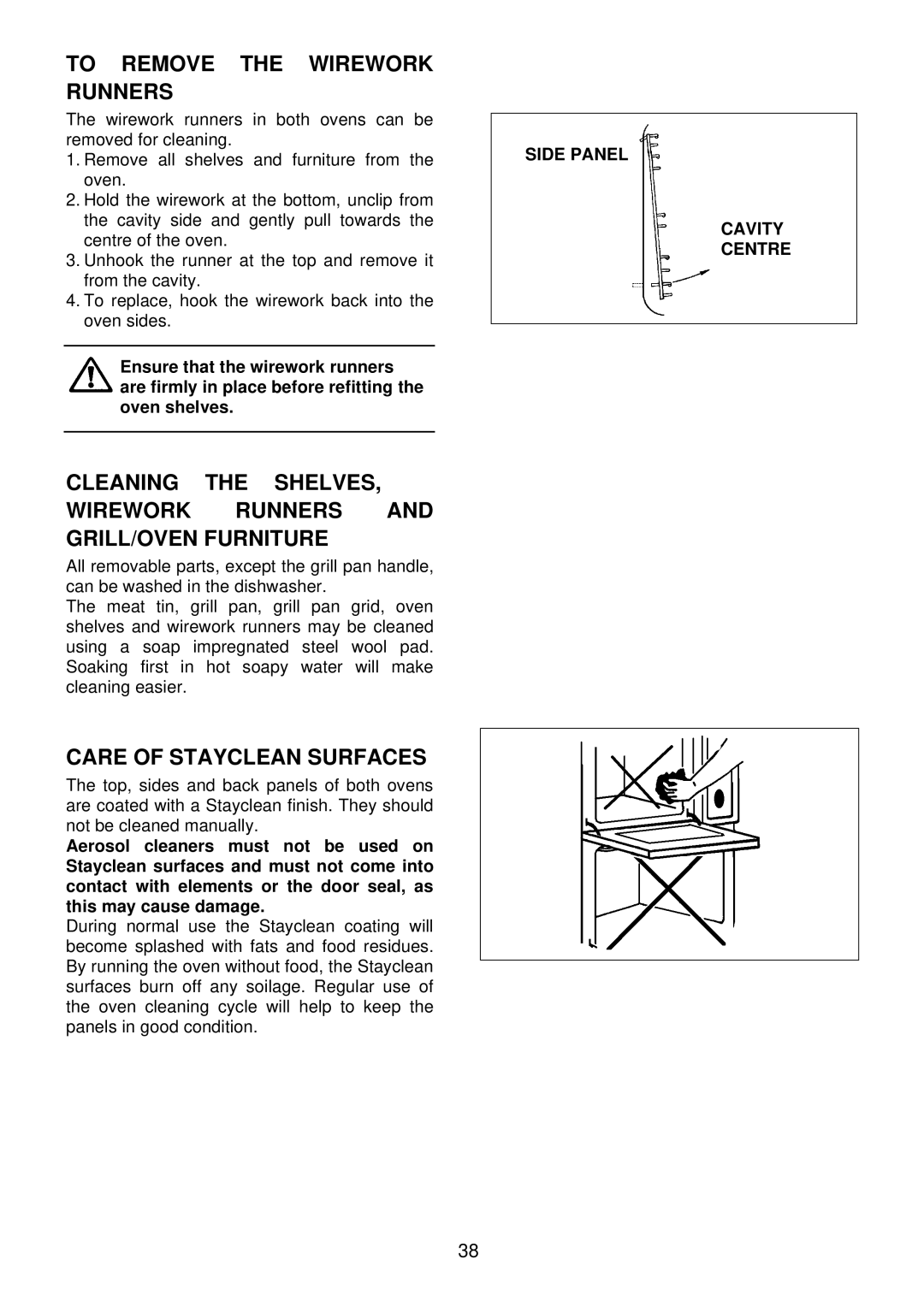 Electrolux edb750 manual To Remove the Wirework Runners, Care of Stayclean Surfaces, Side Panel Cavity Centre 