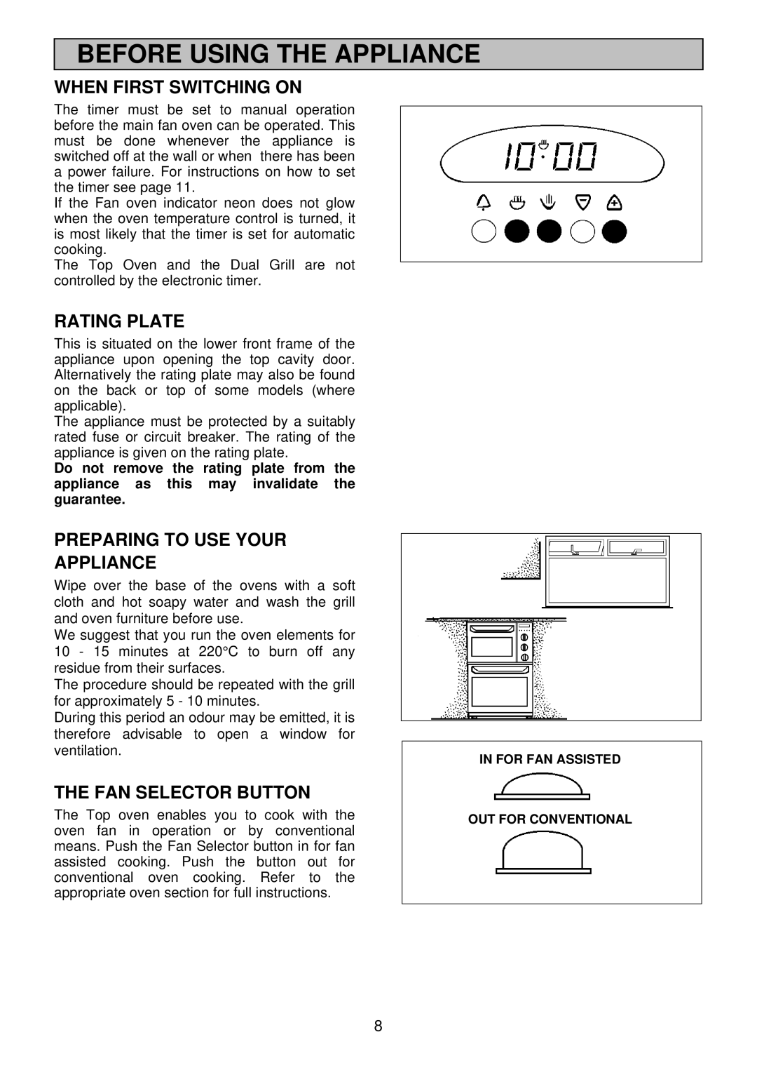 Electrolux edb750 manual When First Switching on, Rating Plate, Preparing to USE Your Appliance, FAN Selector Button 