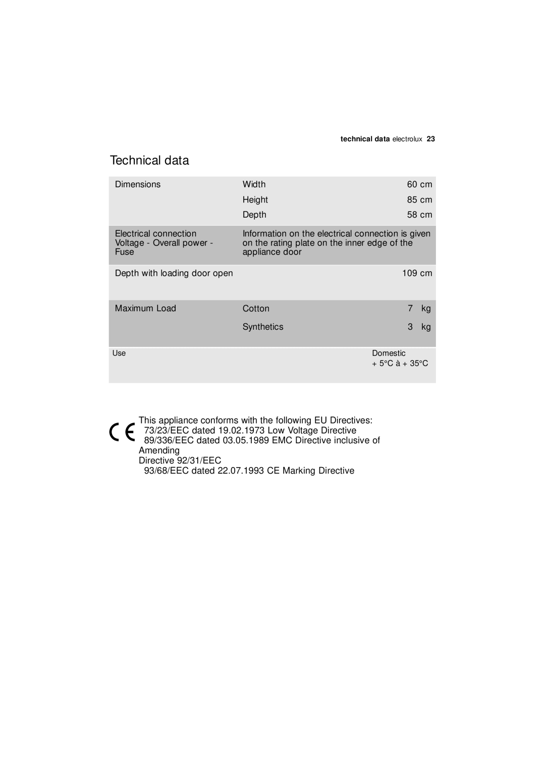 Electrolux EDC 77150W user manual Technical data 