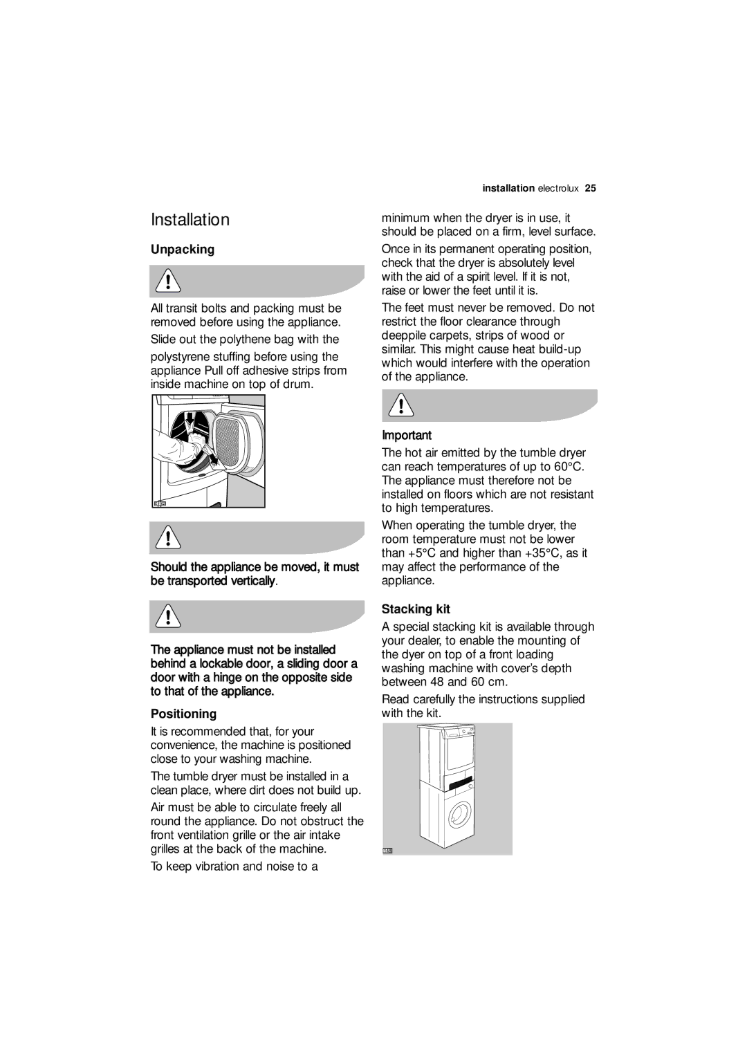 Electrolux EDC 77150W user manual Installation, Unpacking, Positioning, Stacking kit 