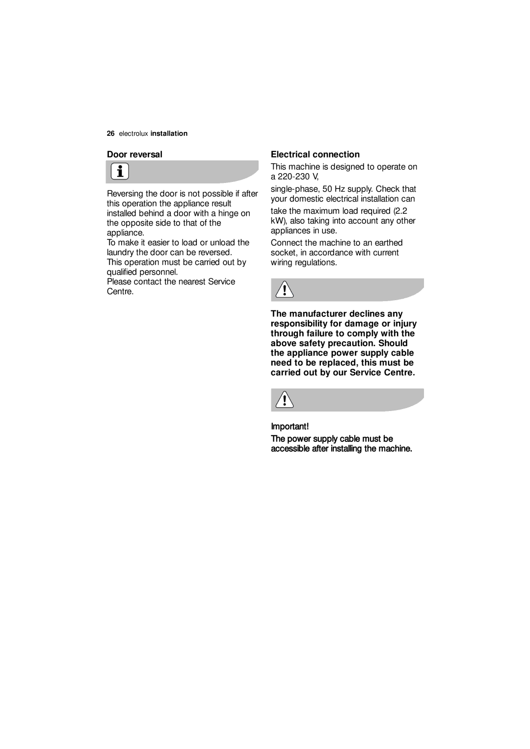 Electrolux EDC 77150W user manual Door reversal, Electrical connection 