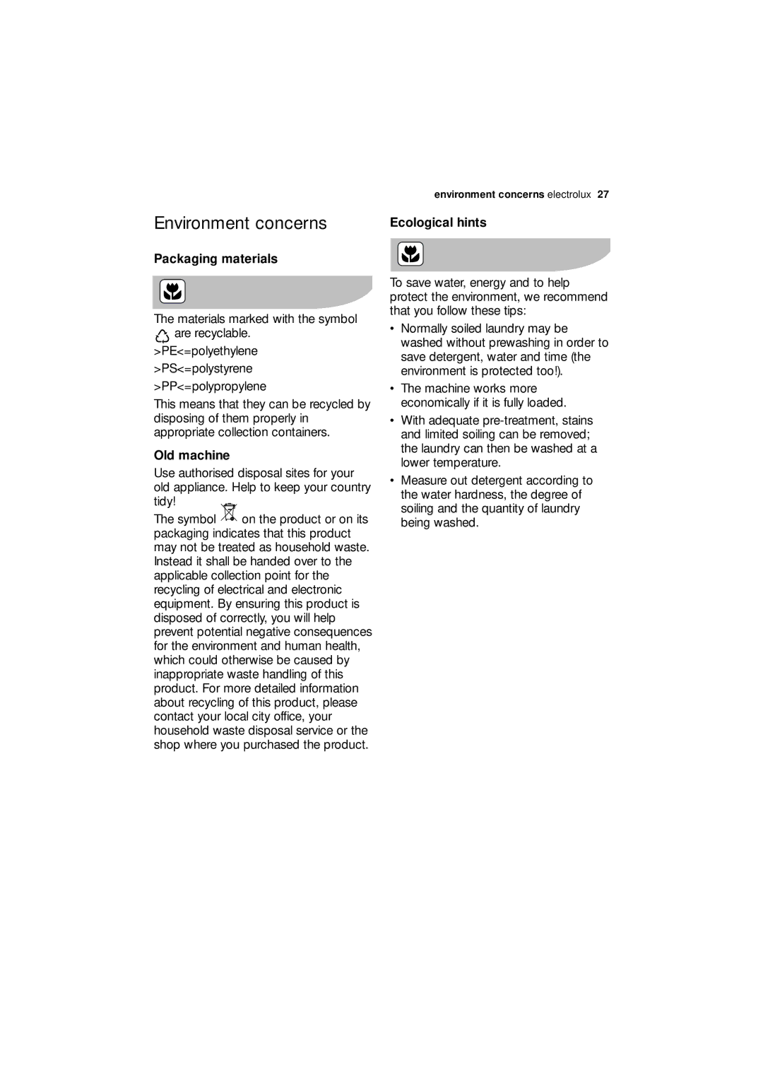 Electrolux EDC 77150W user manual Environment concerns, Packaging materials, Old machine, Ecological hints 