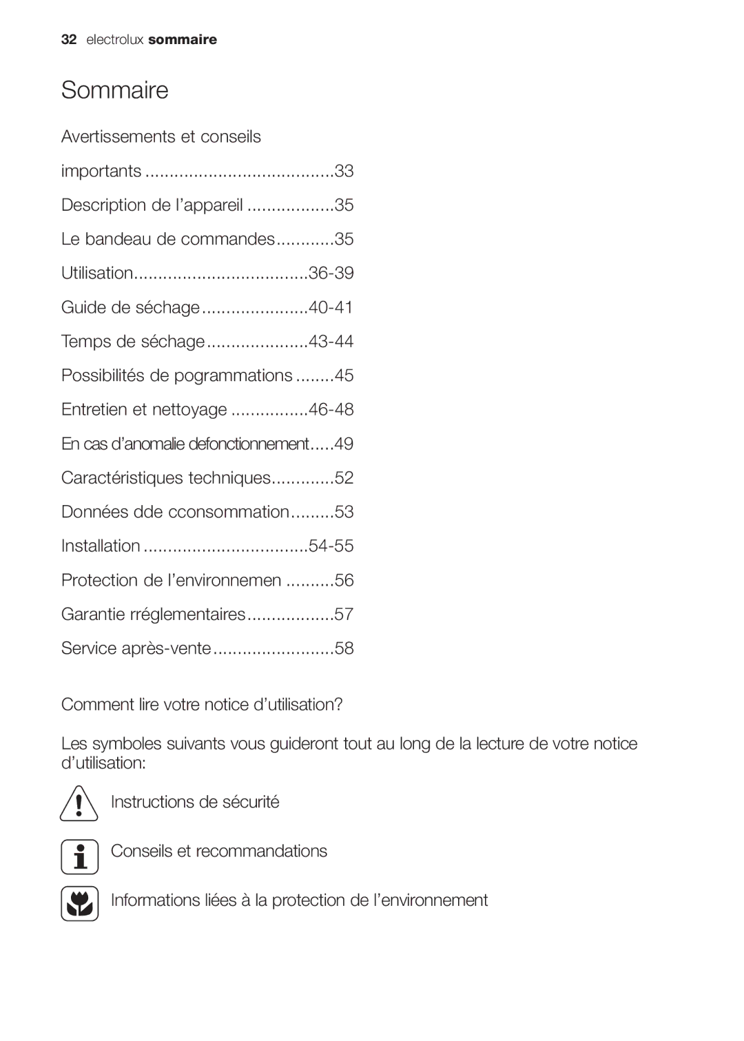 Electrolux EDC 77550W user manual Sommaire 