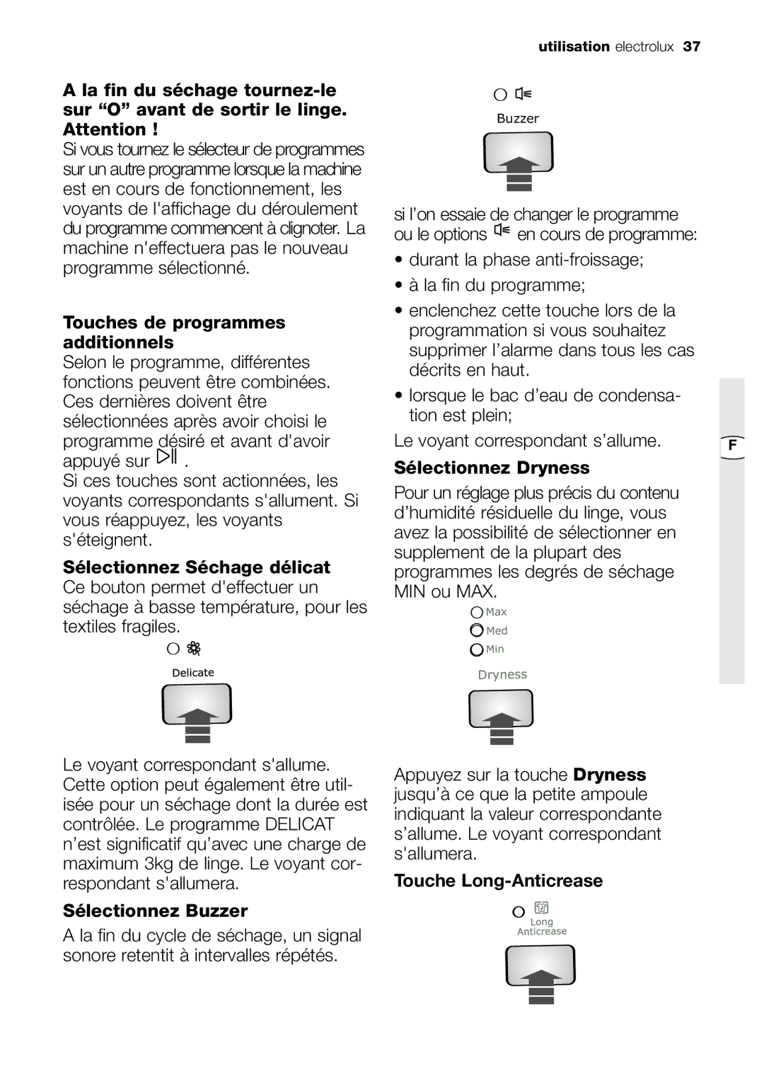 Electrolux EDC 77550W user manual Touches de programmes additionnels, Sélectionnez Buzzer, Touche Long-Anticrease 