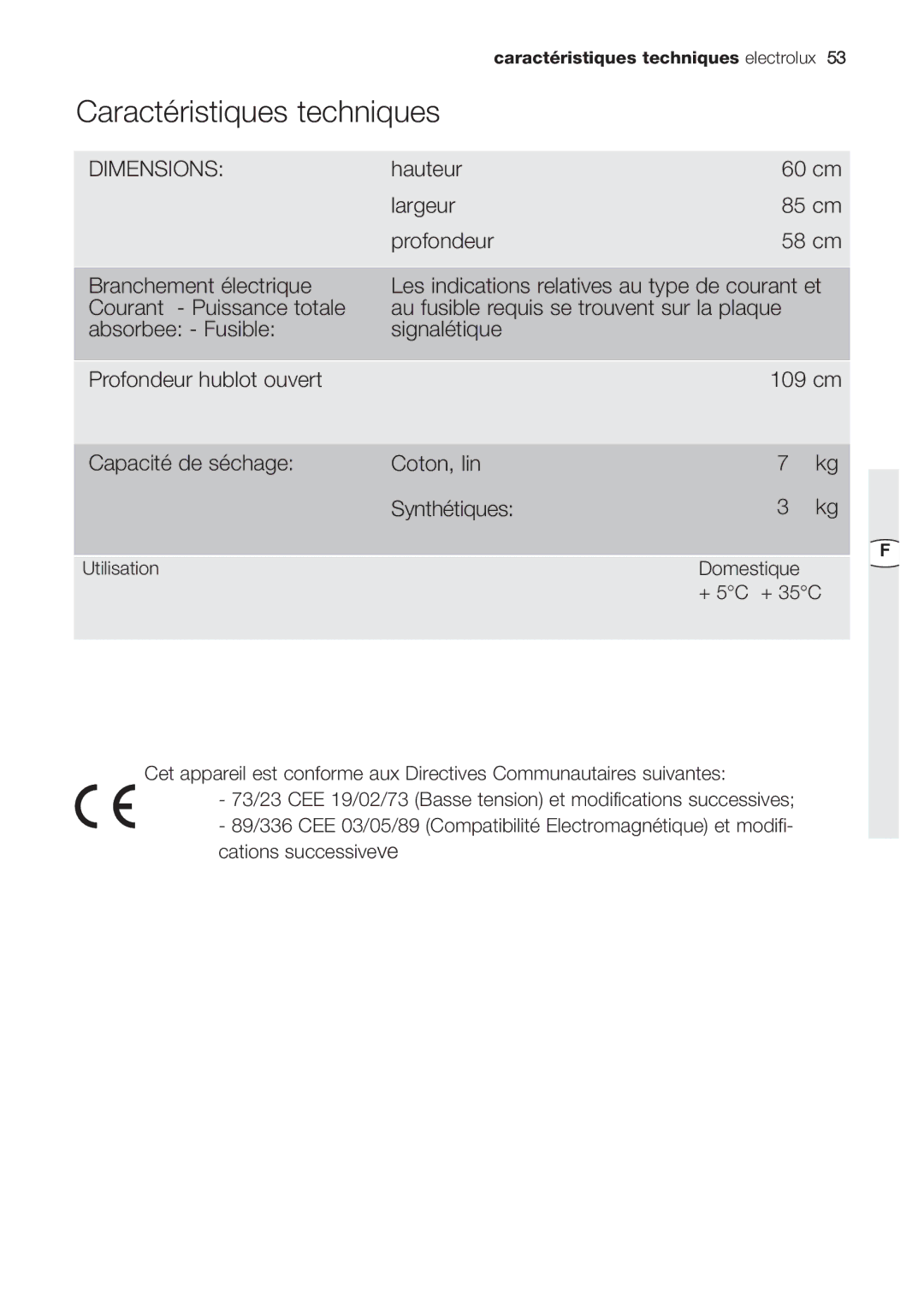 Electrolux EDC 77550W user manual Caractéristiques techniques, Dimensions 