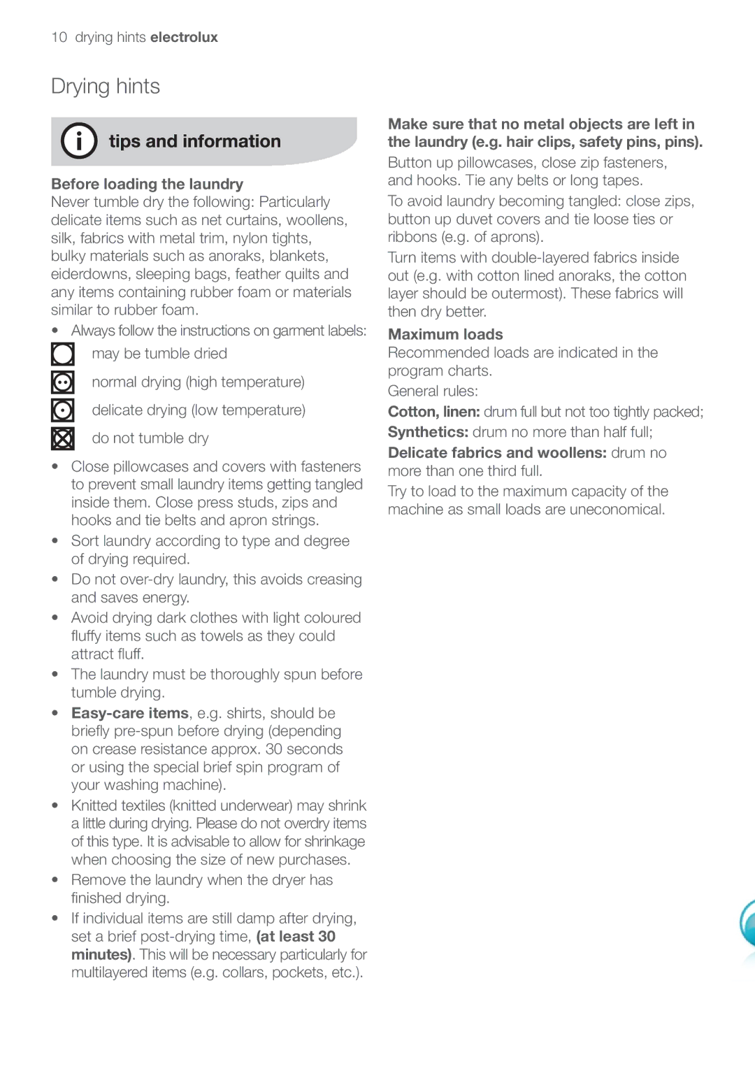 Electrolux EDC47130W user manual Drying hints electrolux, Before loading the laundry, Maximum loads 