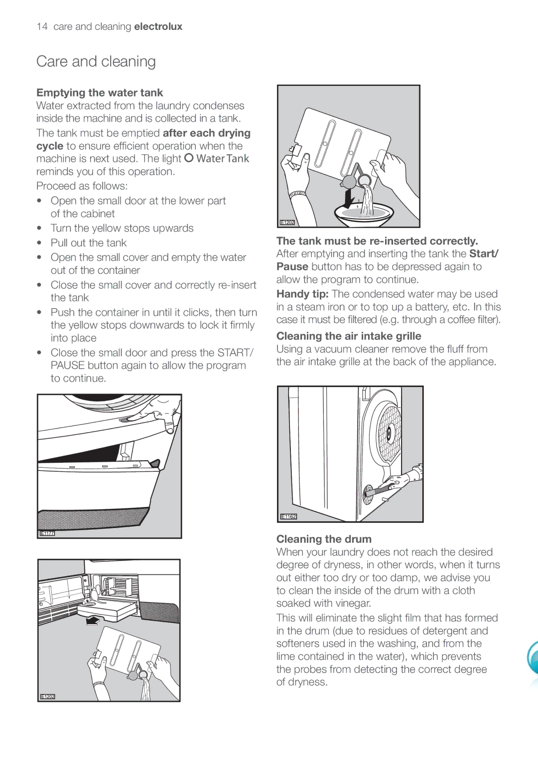 Electrolux EDC47130W user manual Emptying the water tank, Cleaning the drum 