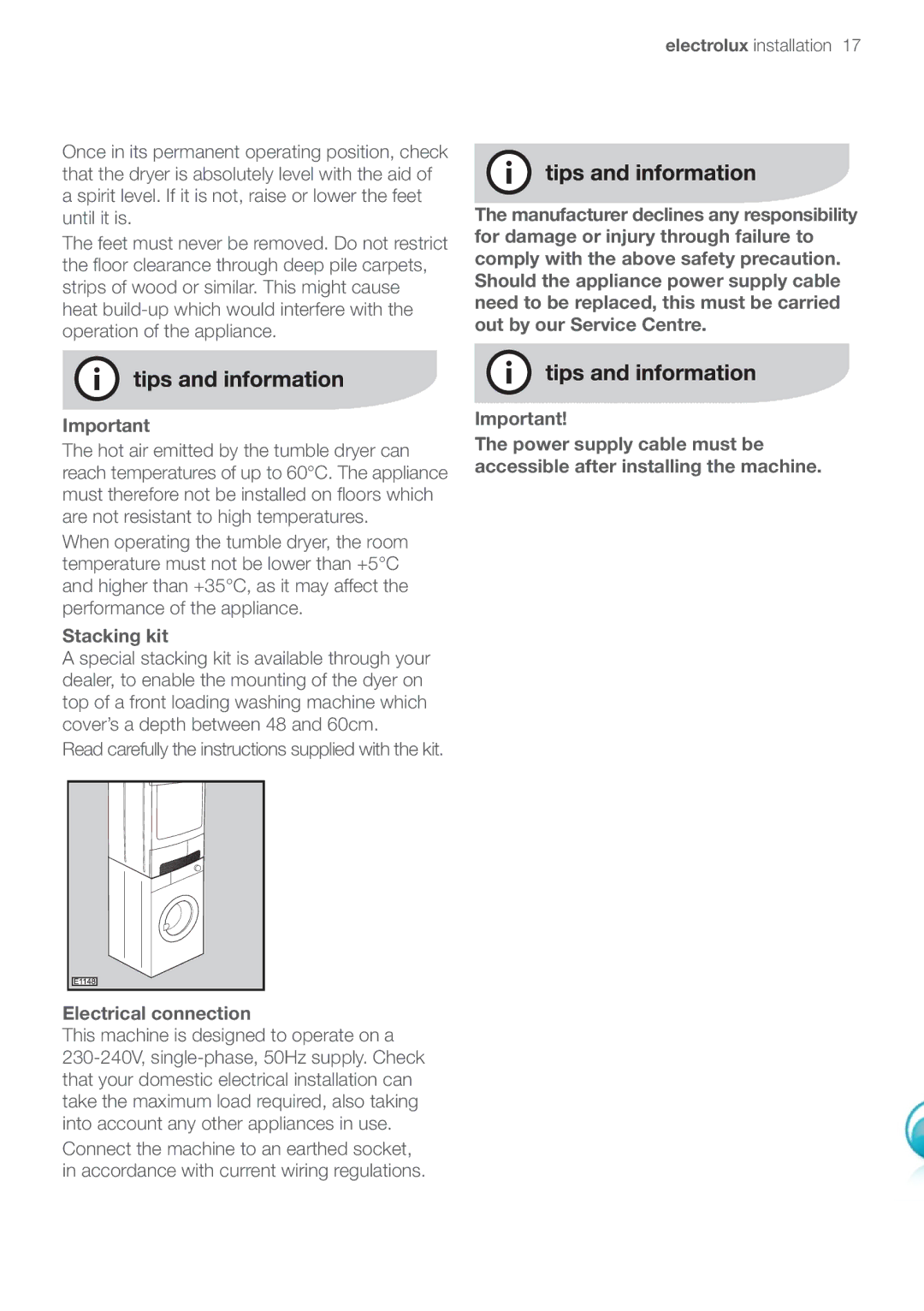 Electrolux EDC47130W user manual Electrolux installation, Stacking kit, Electrical connection 