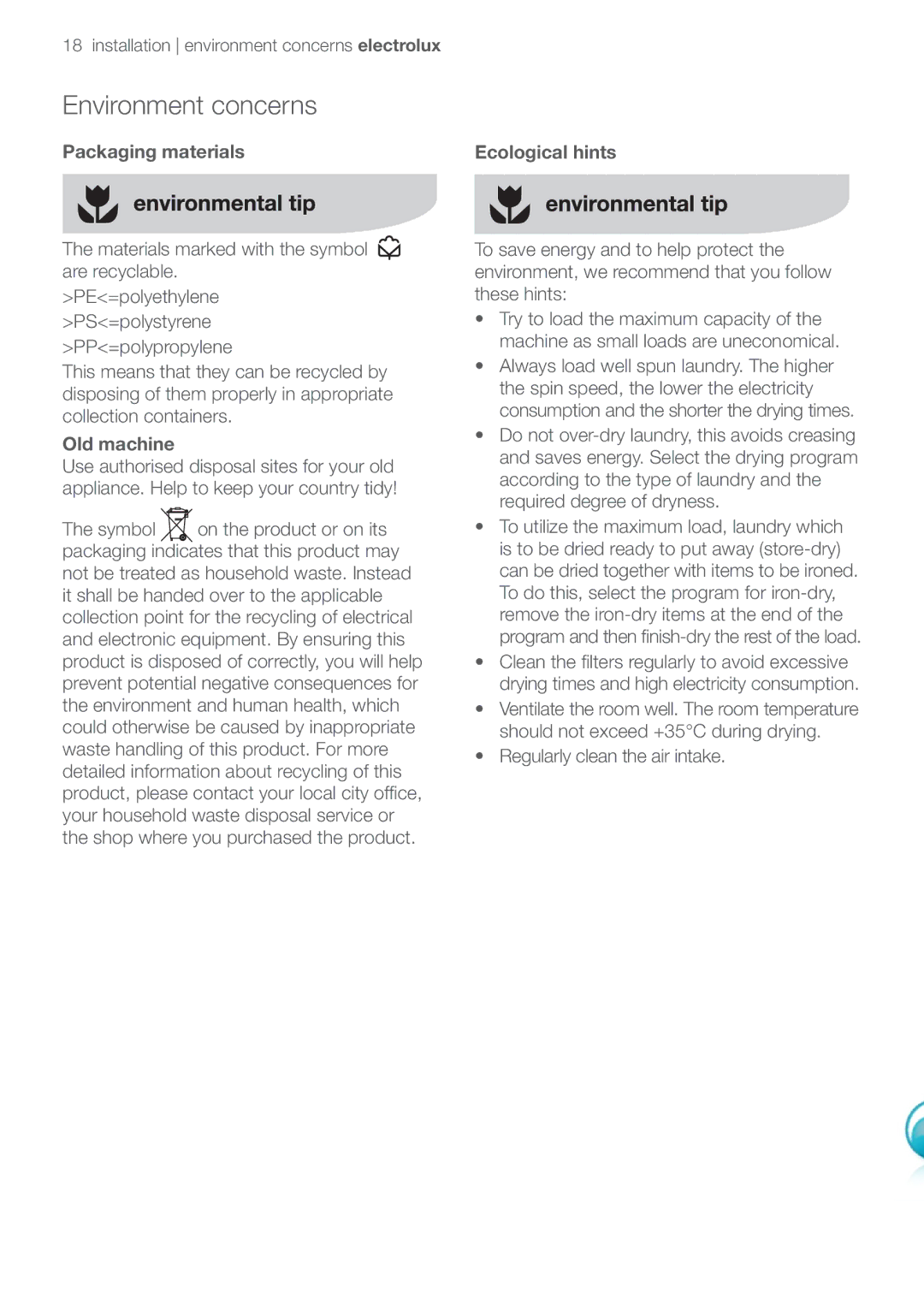 Electrolux EDC47130W user manual Environment concerns, Installation environment concerns electrolux, Packaging materials 