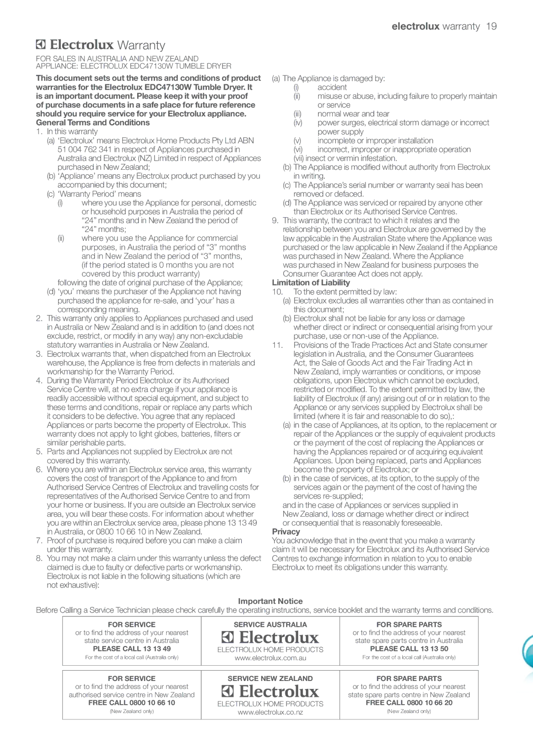 Electrolux EDC47130W user manual Warranty, Electrolux warranty 