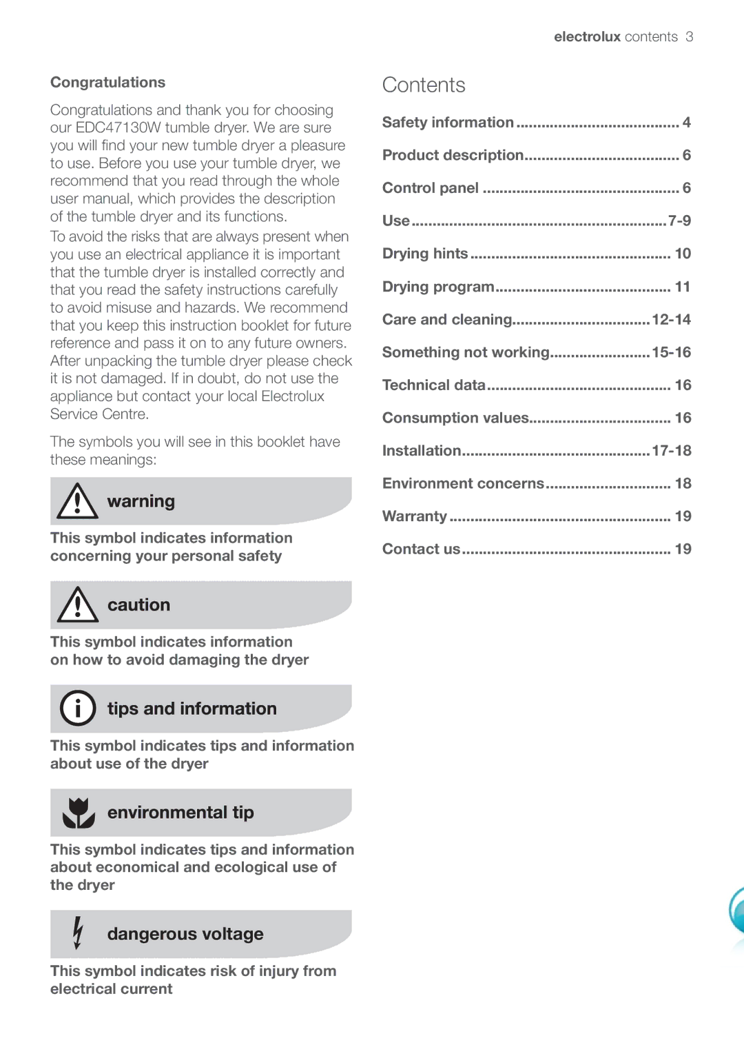 Electrolux EDC47130W user manual Contents 