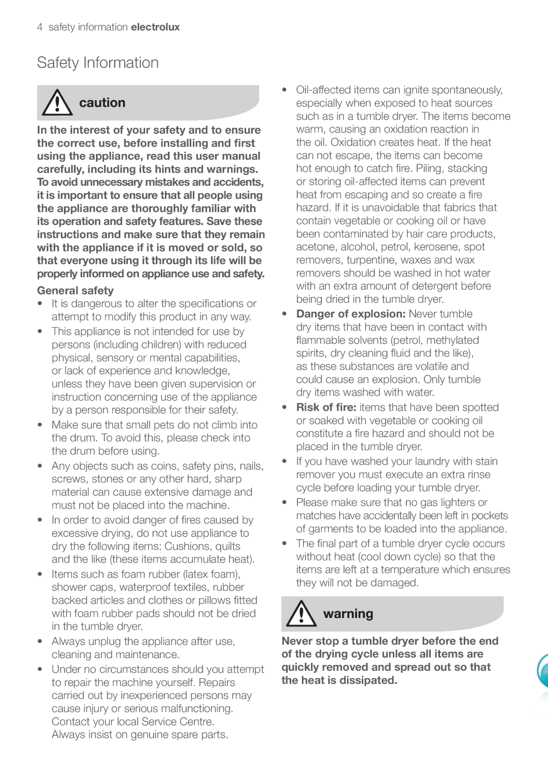 Electrolux EDC47130W user manual Safety Information, Safety information electrolux, General safety 