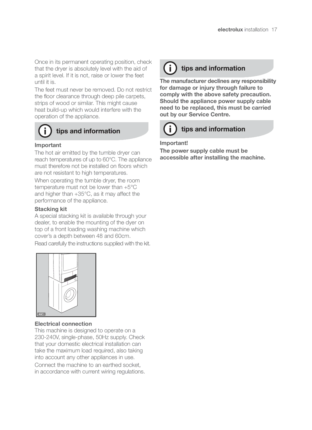 Electrolux EDC47130W user manual Stacking kit, Electrical connection 