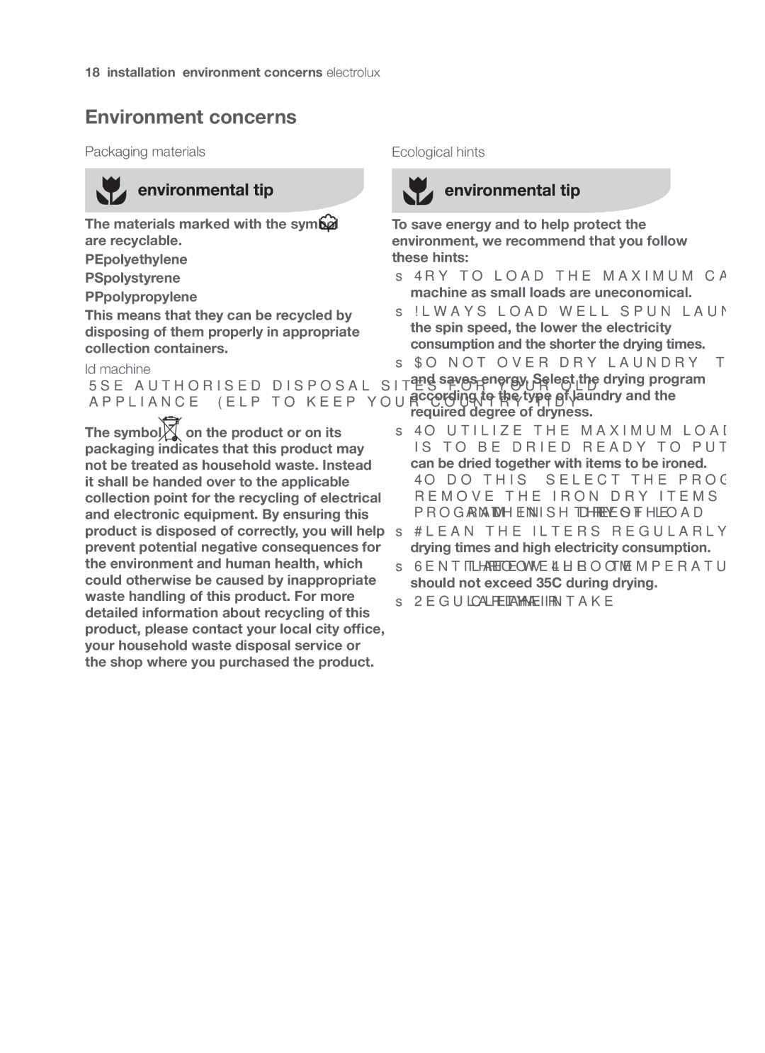 Electrolux EDC47130W user manual Environment concerns, Packaging materials, Old machine, Ecological hints 