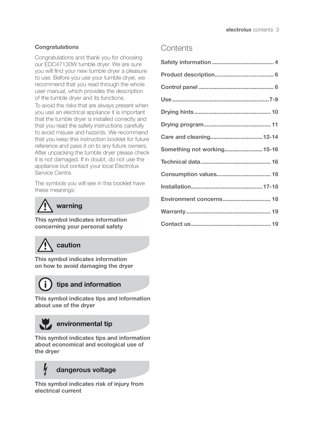 Electrolux EDC47130W user manual Contents 