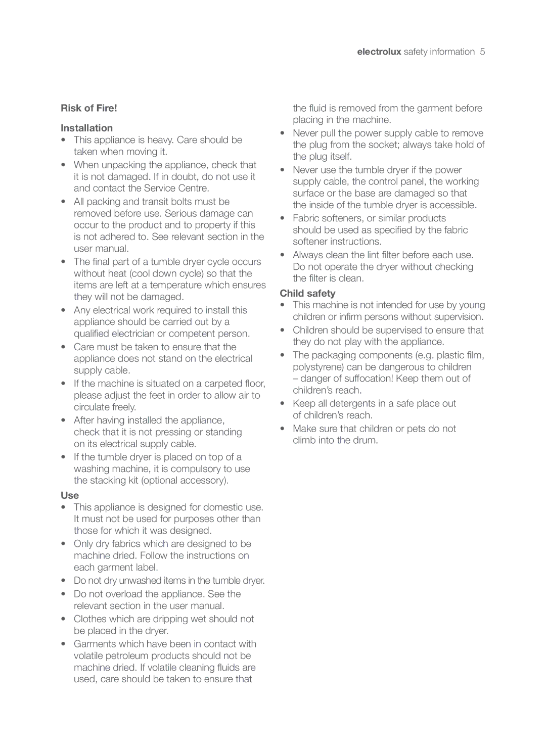 Electrolux EDC47130W user manual Risk of Fire Installation, Use, Child safety 