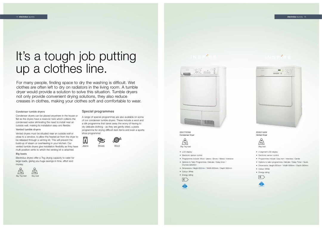 Electrolux EWN14580W It’s a tough job putting up a clothes line, Condenser tumble dryers, Vented tumble dryers, Big loads 