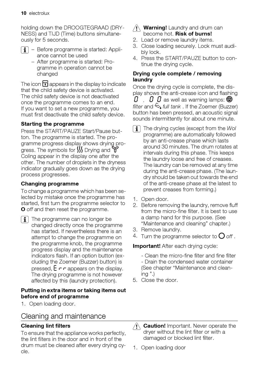 Electrolux EDC78550W user manual Cleaning and maintenance 