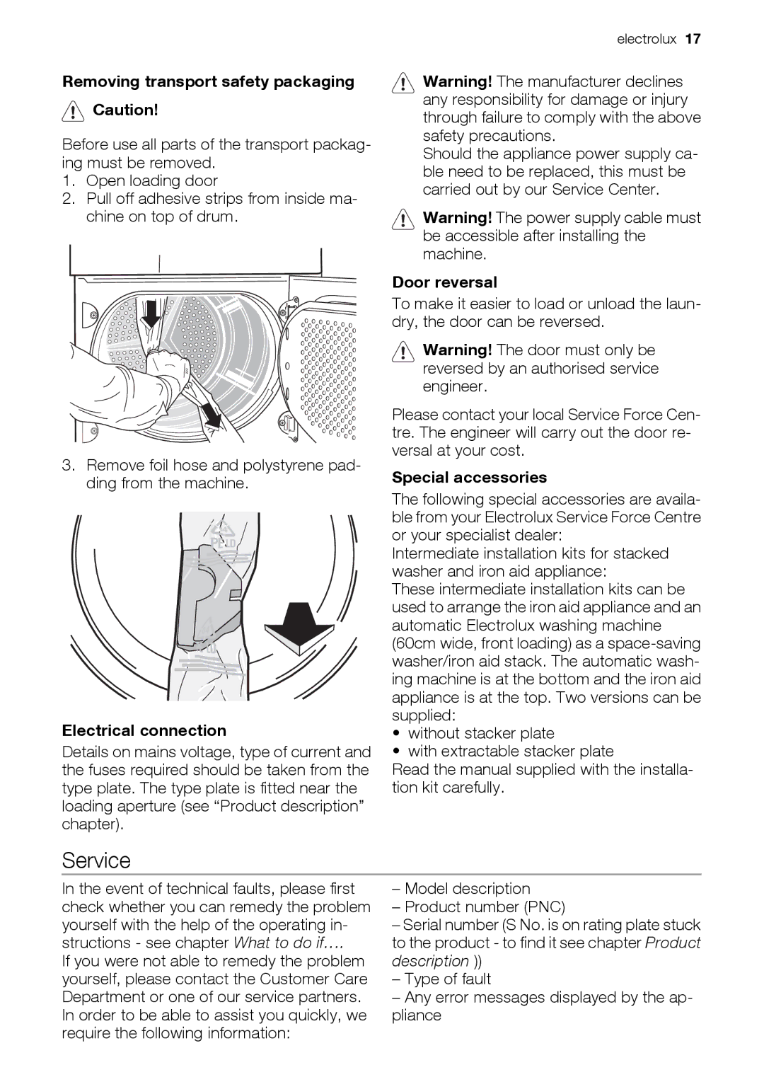 Electrolux EDC78550W user manual Service, Removing transport safety packaging, Electrical connection, Door reversal 