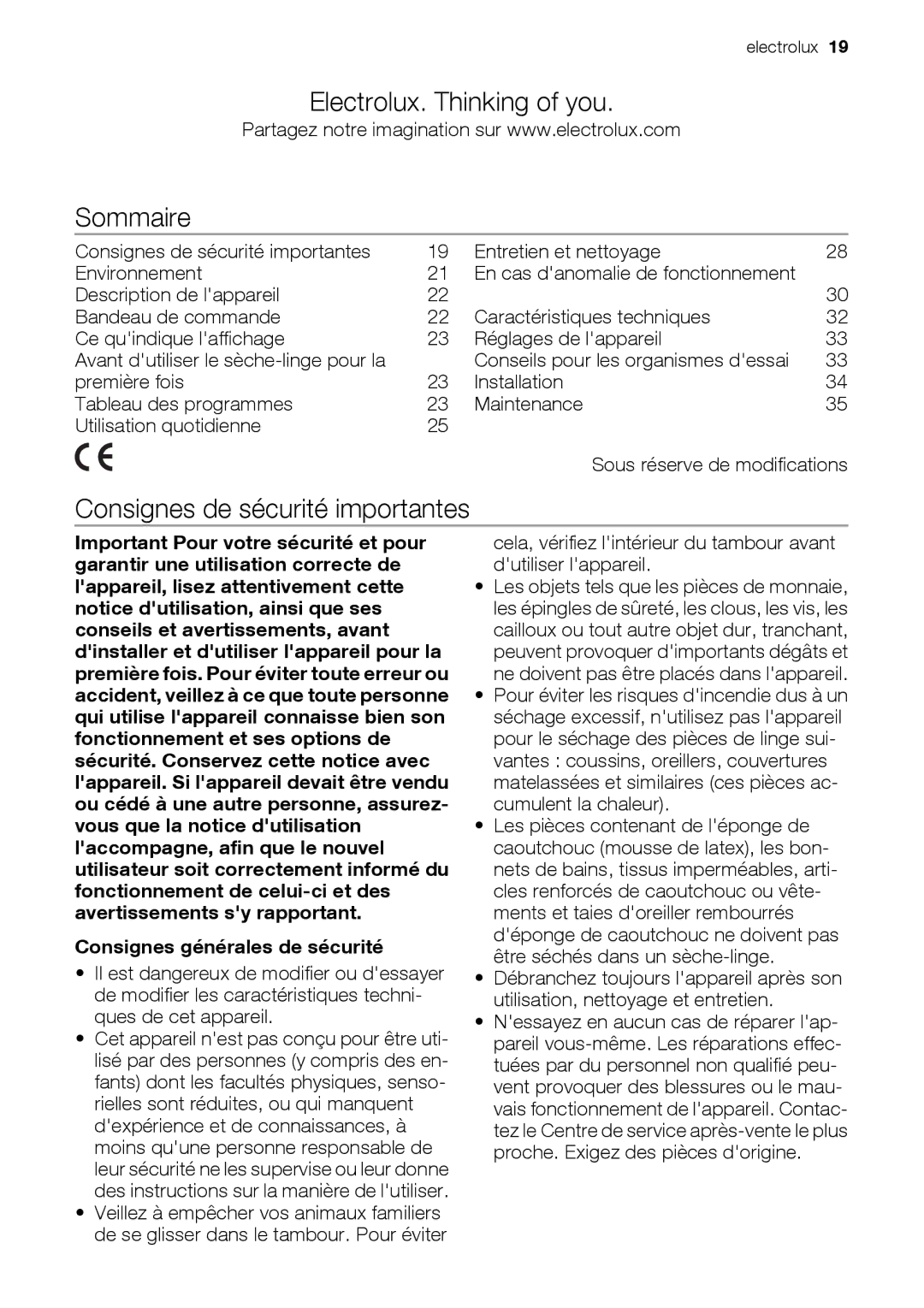 Electrolux EDC78550W user manual Electrolux. Thinking of you Sommaire, Consignes de sécurité importantes 