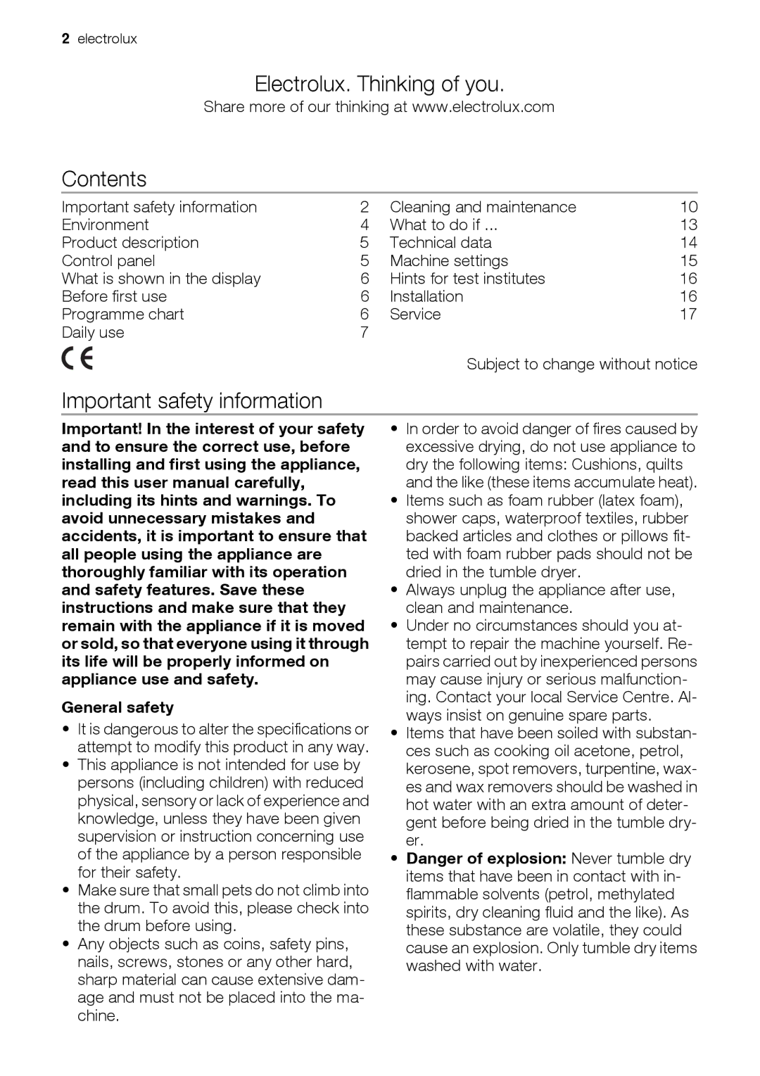 Electrolux EDC78550W user manual Electrolux. Thinking of you Contents, Important safety information 