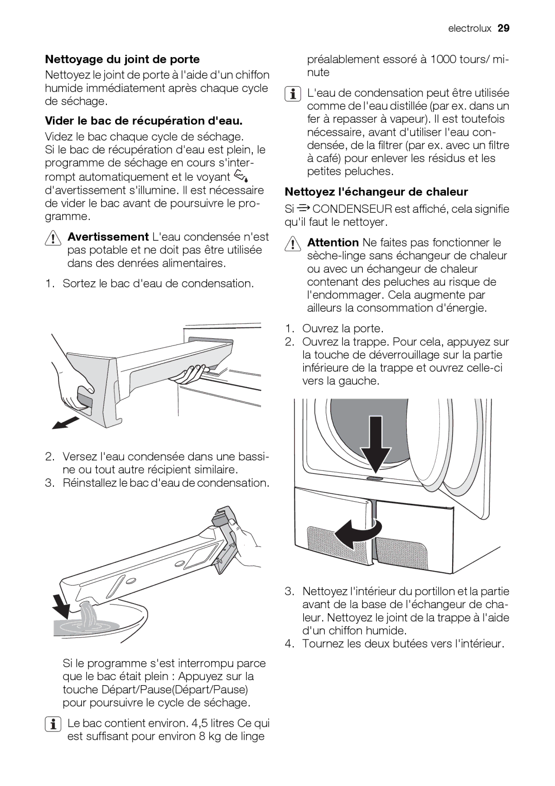 Electrolux EDC78550W Nettoyage du joint de porte, Vider le bac de récupération deau, Nettoyez léchangeur de chaleur 