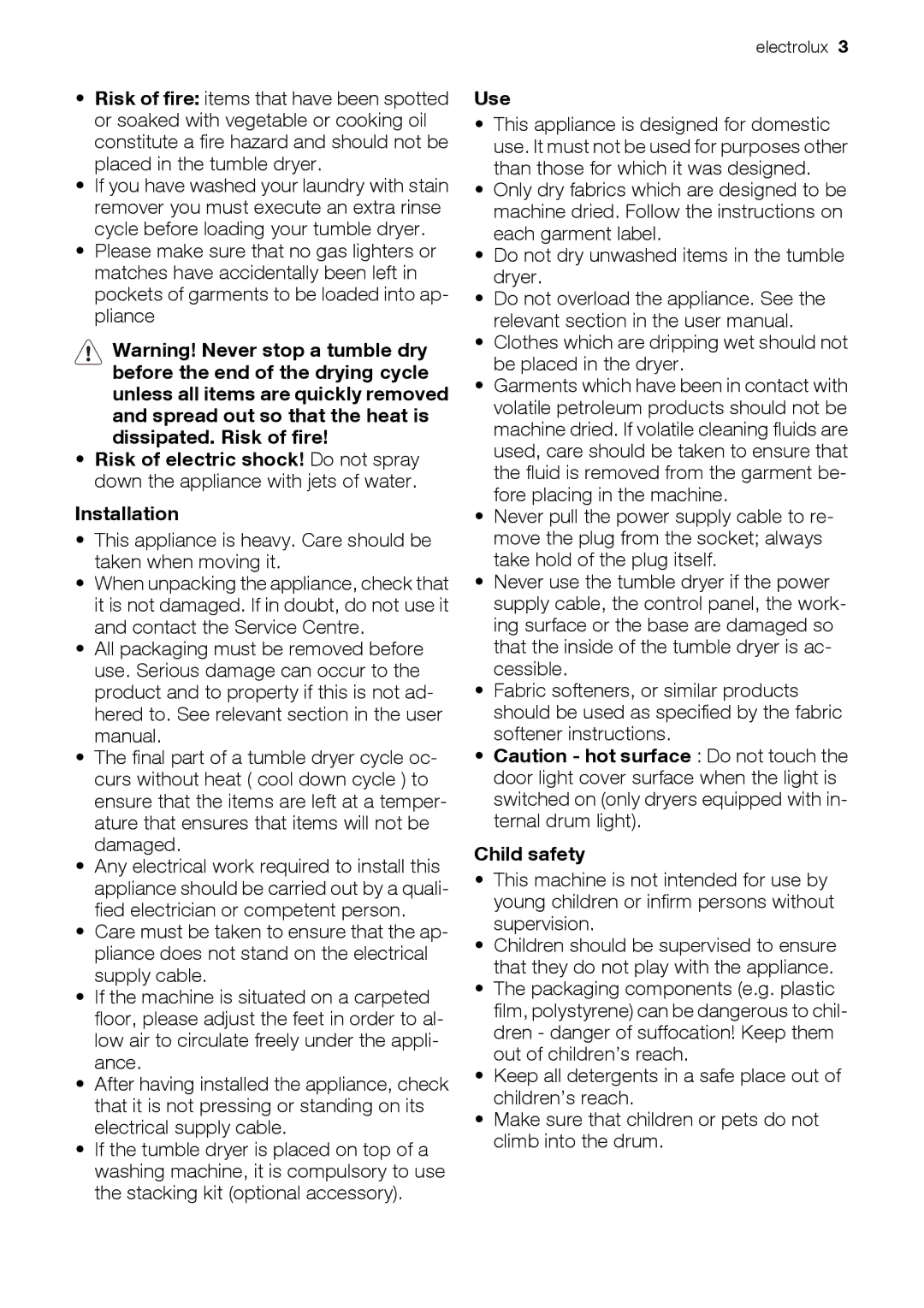 Electrolux EDC78550W user manual Installation, Use, Child safety 