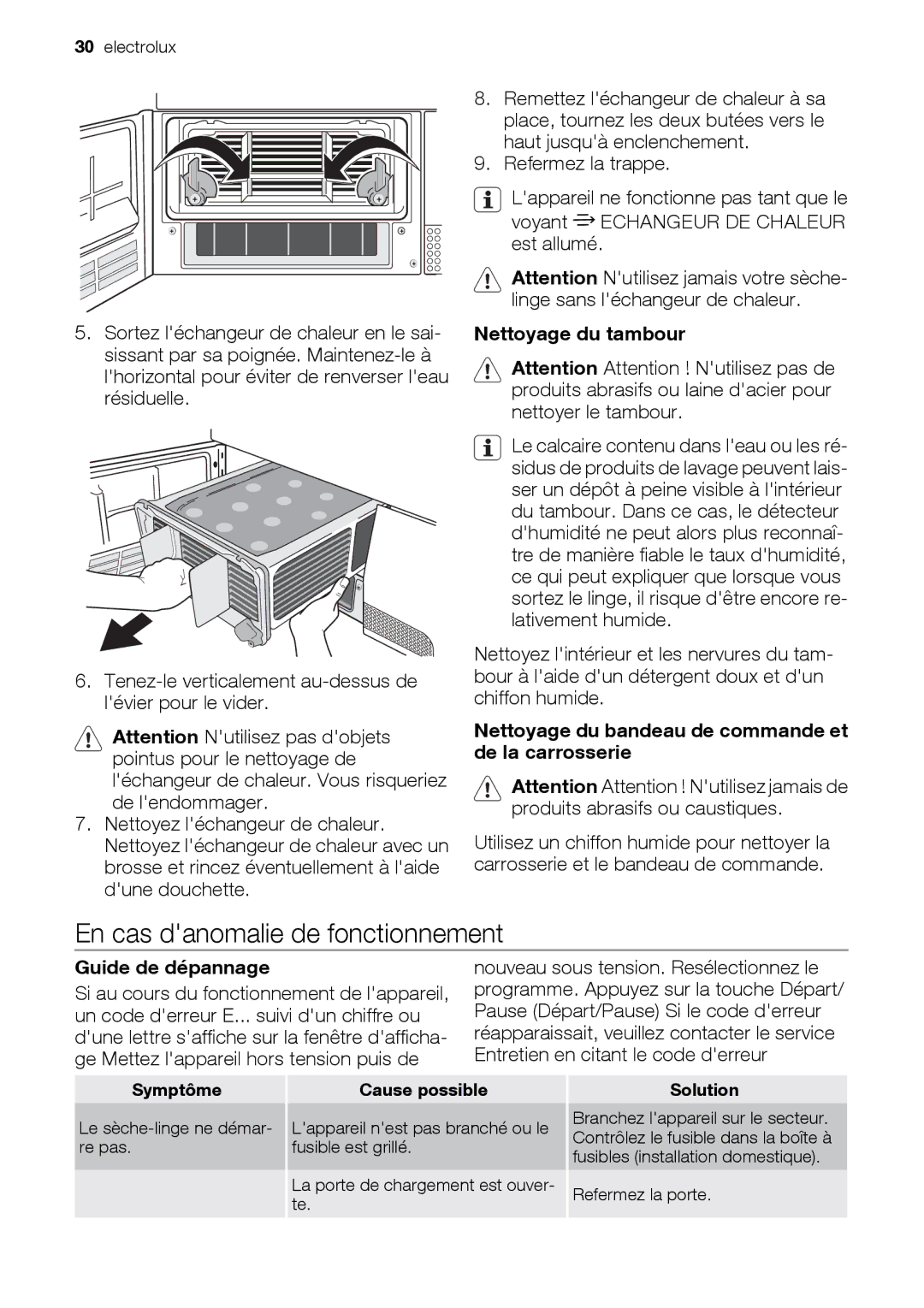 Electrolux EDC78550W user manual En cas danomalie de fonctionnement, Nettoyage du tambour, Guide de dépannage 