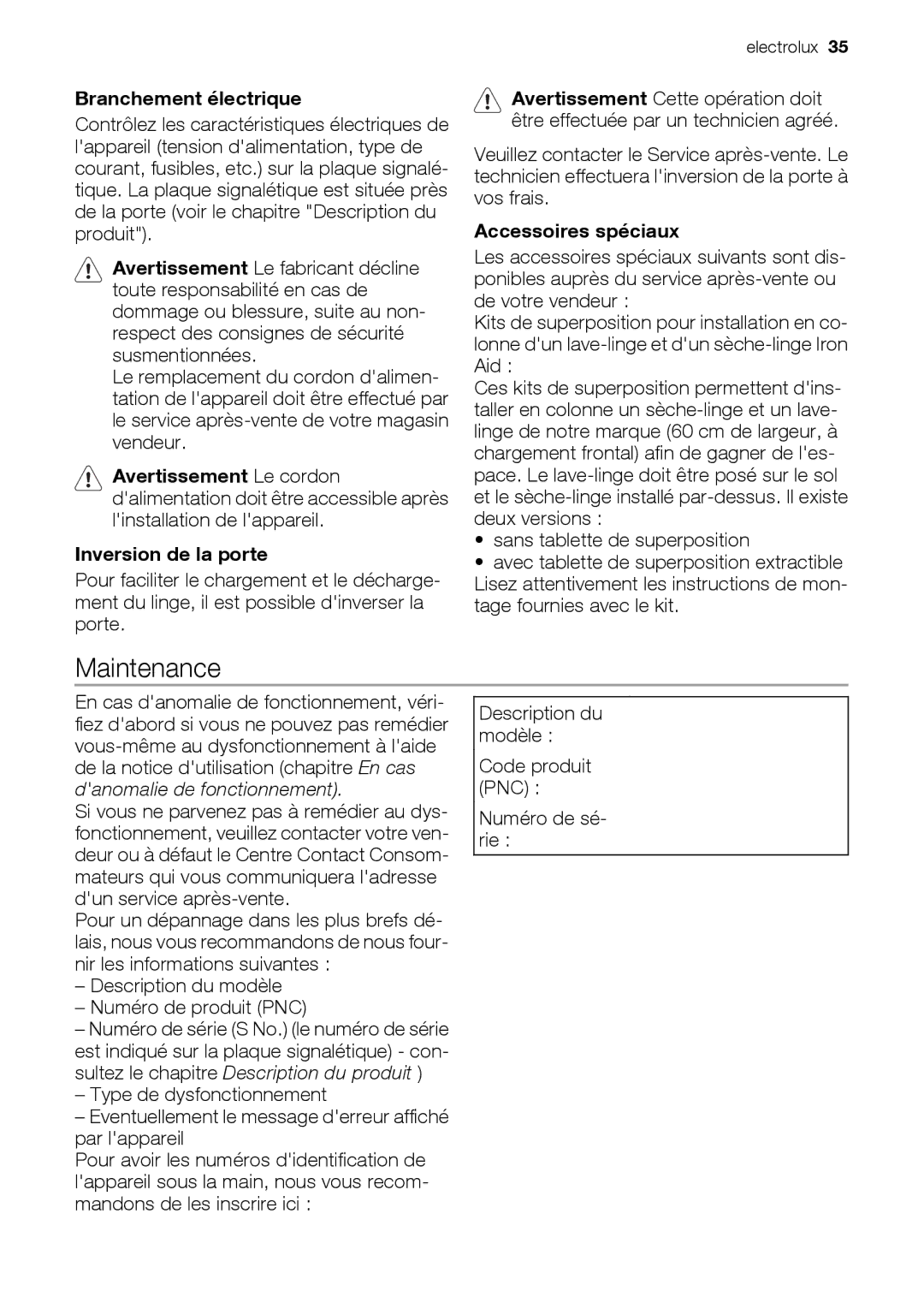 Electrolux EDC78550W user manual Maintenance, Branchement électrique, Accessoires spéciaux, Sans tablette de superposition 